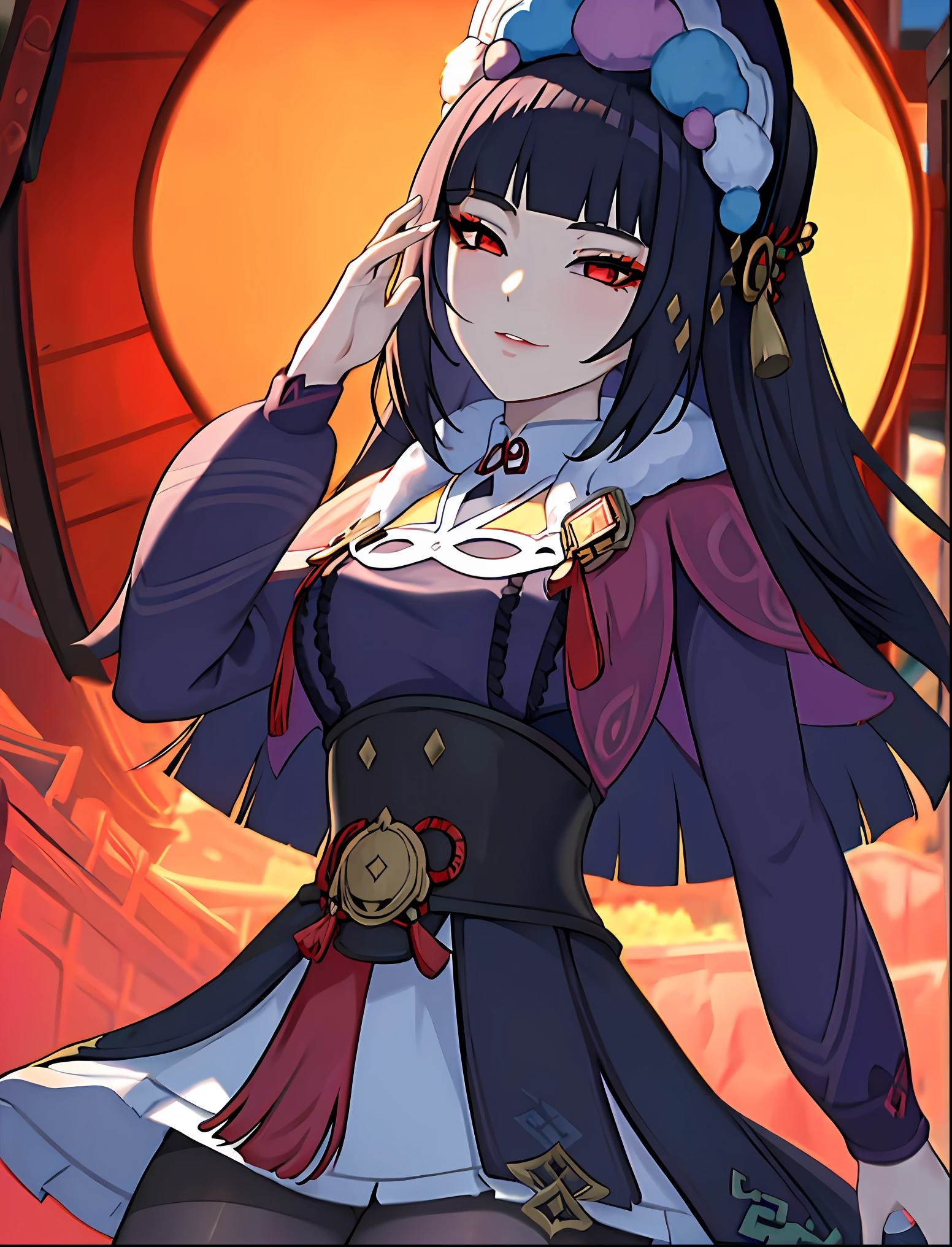 ((masterpiece:1.2)), best quality, pretty face, dramatic lighting,1girl, solo, blunt bangs, hime cut, black corset, black hair, collar, mascara, ((red eyeshadow)), long hair, sidelocks, looking at viewer, (makeup), pink capelet, qi ****ta, red eyes, puffy long sleeves, bonnet, purple dress, medium breasts, closed mouth, lips, light smile, hand up, skirt, black pantyhose, Pantyhose Showing Panties, wind blowing skirt, anime screencap, (night sky), east asian architecture, Liyue, tassel, black footwear, half-closed eyes,