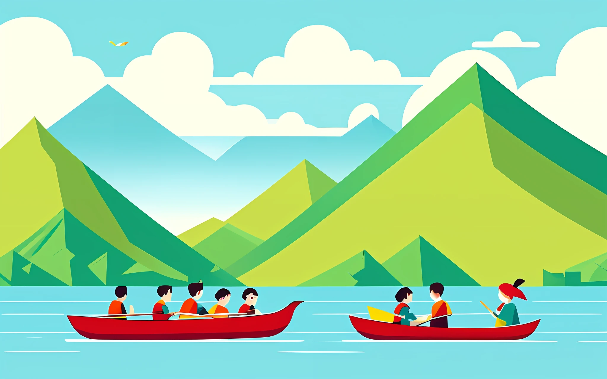 There are many people on the water boat，People on board rowing，There are two boats in total，Dragon boat racing，dragon boats，Dragon head boat，There are no sails，There are no sails，Mountains are zongzi，Zongzi Mountain，full page illustration，portfolio illustration，detailed digital illustration，poster illustration，flatillustration，full color illustration，colored illustration，full page illustration，game illustration，digital illustration，illutstration，editorial illustration colorful，commercial illustration，colored illustration，a beautiful artwork illustration，5 d illustration