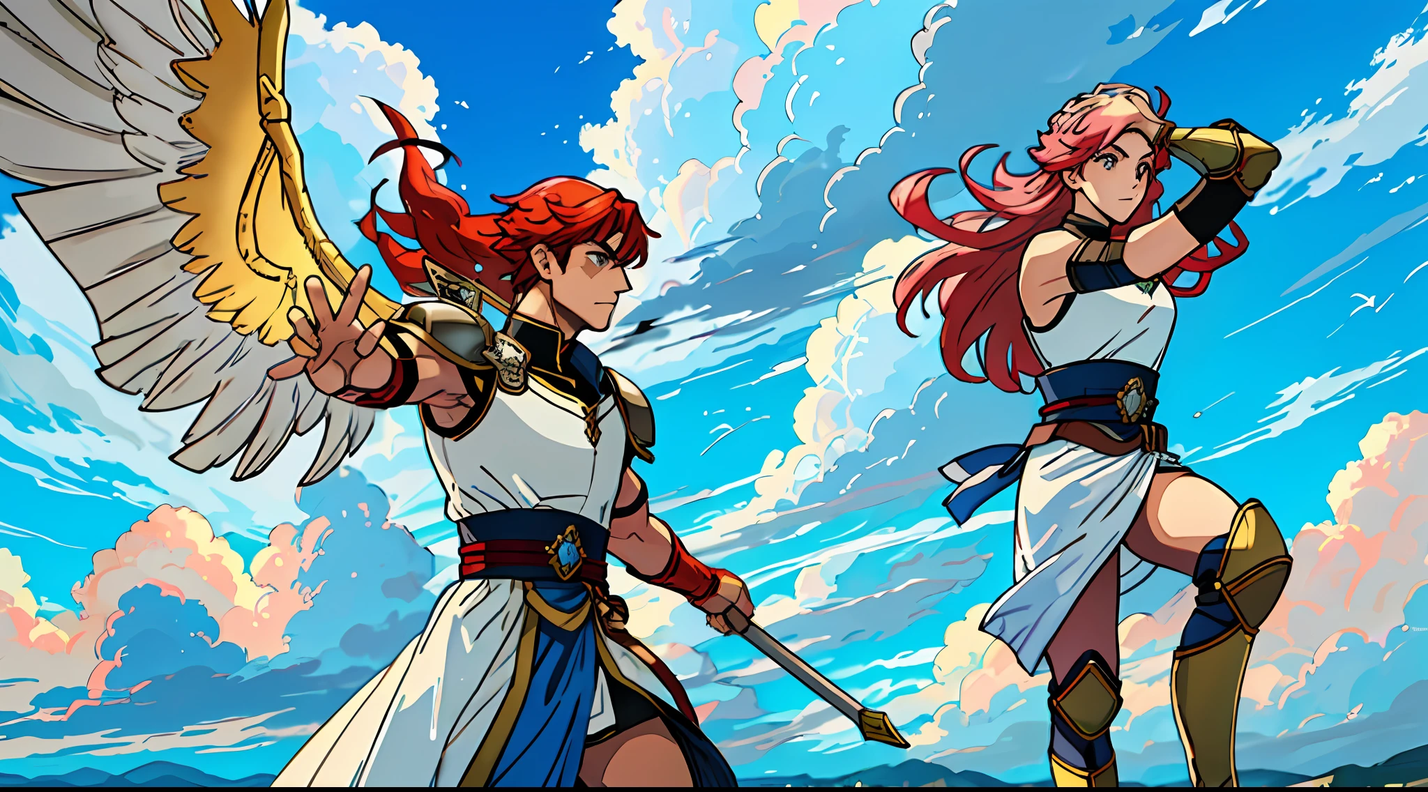 fire emblem, guerreira, longos cabelos azuis, olhos vermelhos, dynamic pose, vestindo armadura da era vitoriana, ((fundo: A sky full of clouds))