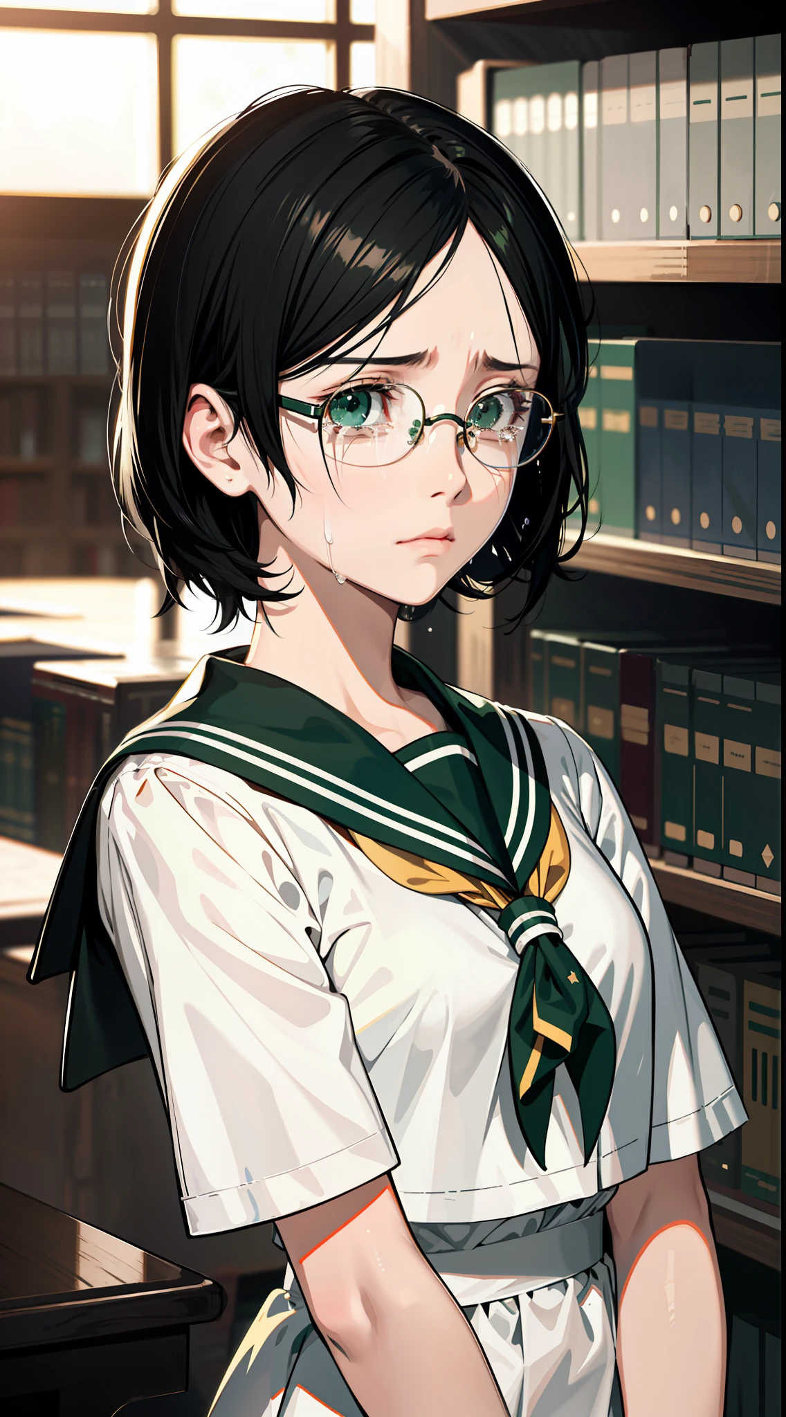 Anime Reference 86, school, atmosphere, alone, woman, girl, green eyes, (very short black hair), (round glasses), general uniform, white sailor suit, realistic face details, realism, 3D face, pretty face, (library), sunset light, (((sad expression)), crying face,