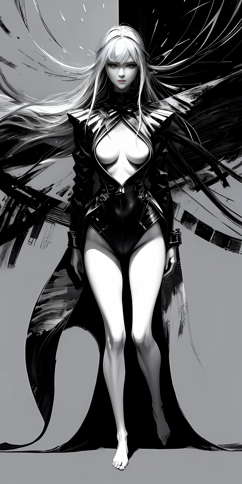 Masterpiece, Japanese manga master work, grayscale, monochrome sketch, sketch art, freehand ink art, bold brush strokes, brilliant creativity, 1girl, full body, white hair, delicate facial features, glowing eyes, uniform, E cup, long legs, parted lips, full body details, anime beauty, realistic night, realistic full body light and shadow, hazy light, fantasy world