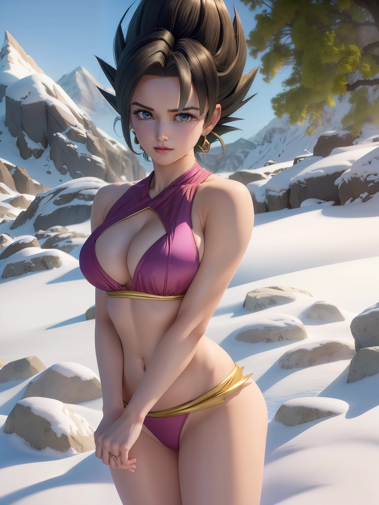 (caulifla from dragon ball movie:1.35), (1girl:1.5), closed mouth, female focus, muscular, muscular female, rock, sash, serious, solo, realistic spiked hair, ultra instinct, (masterpiece, best quality, extremely detailed 8k, ultra hd, ultra-detailed, highly detailed, highly realistic, photo realistic), (beautiful realistic face, detailed realistic face), (high detailed realistic natural blonde hair, beautiful realistic hairstyle), (beautiful realistic eyes, high detailed realistic green tosca eyes, proportional eyes, realistic pupils, high detailed pupils), (high detailed realistic natural eyebrows), (high detailed realistic lips, beautiful realistic lips, pink lipsticks), (upper body from head to thighs, slender body:1.5), highly detailed realistic skin, sharp focus, outdoor, mountain, snow,