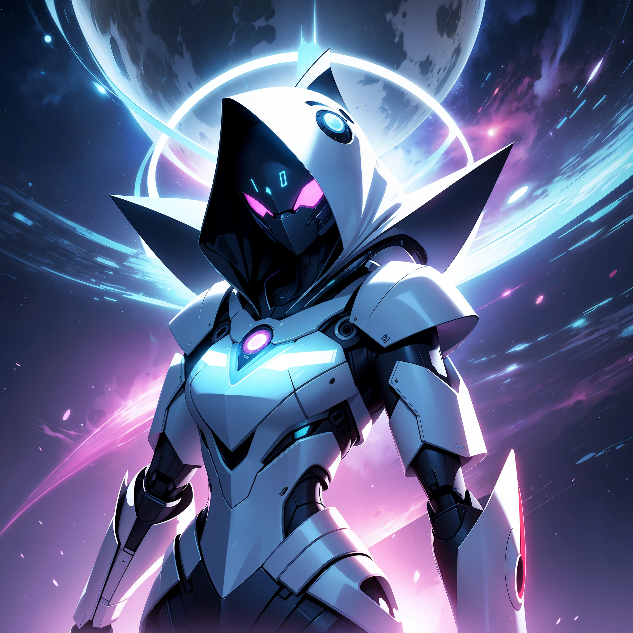 Futuristic arcane robot hooded in the middle of the cosmos