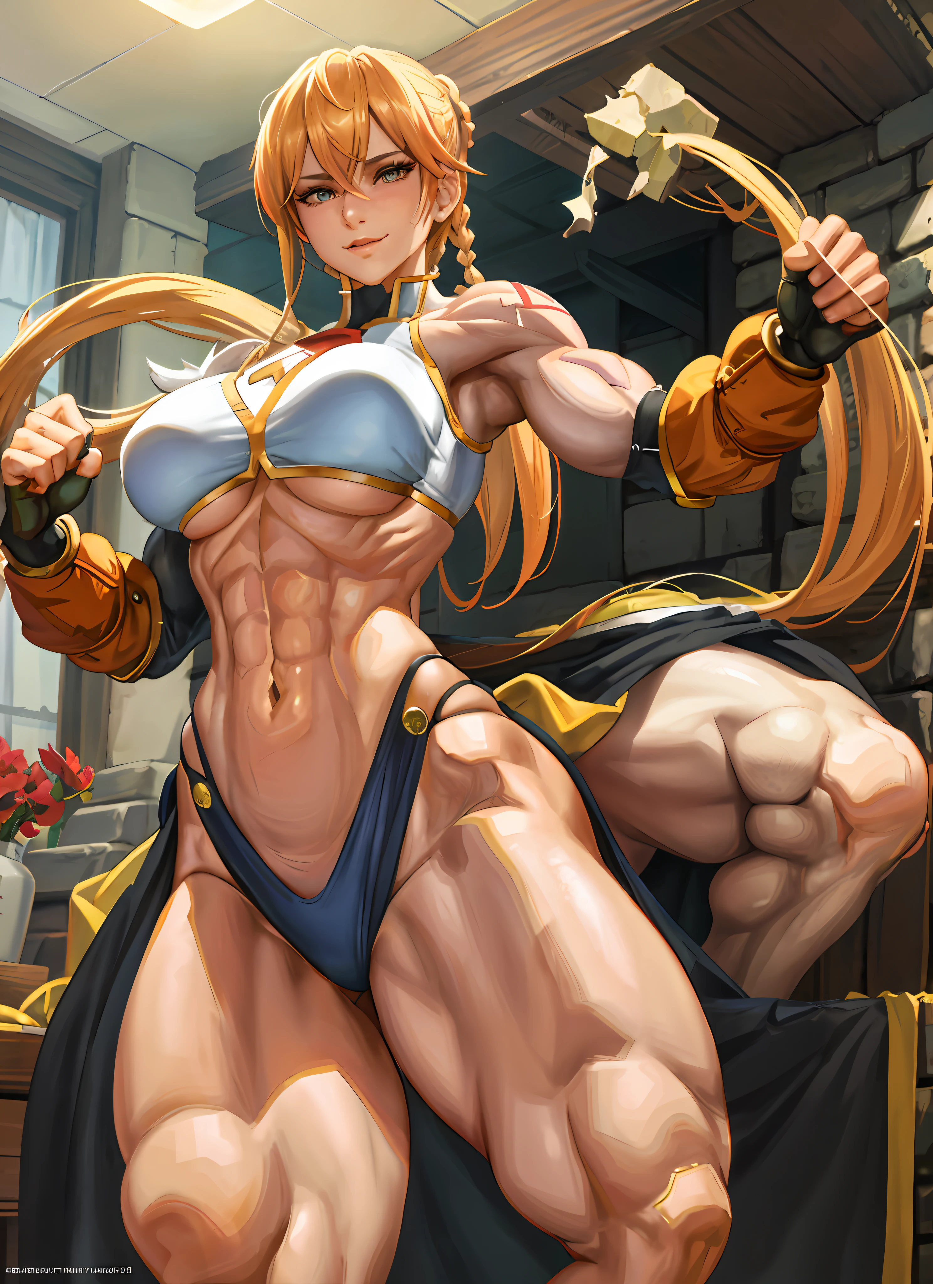 1 girl, beautiful, perfect lighting, muscular, thick thighs, mature woman, milf, navel, abdomen, looking at the viewer (masterpiece, high quality: 1.1), freckles on the body, pale skin, blonde hair, skindentation, neckline, smile, thicc, cutesexyrobutts, cel - shaded art style, in fighter poses, highly detailed exquisite fanart, female protagonist 👀 :8, commission for high resolution, fighter pose,  Full body commission for, high quality fanart, various pose, Cushart Kenz, King of Fighters character, Cammy's poses from street fighter