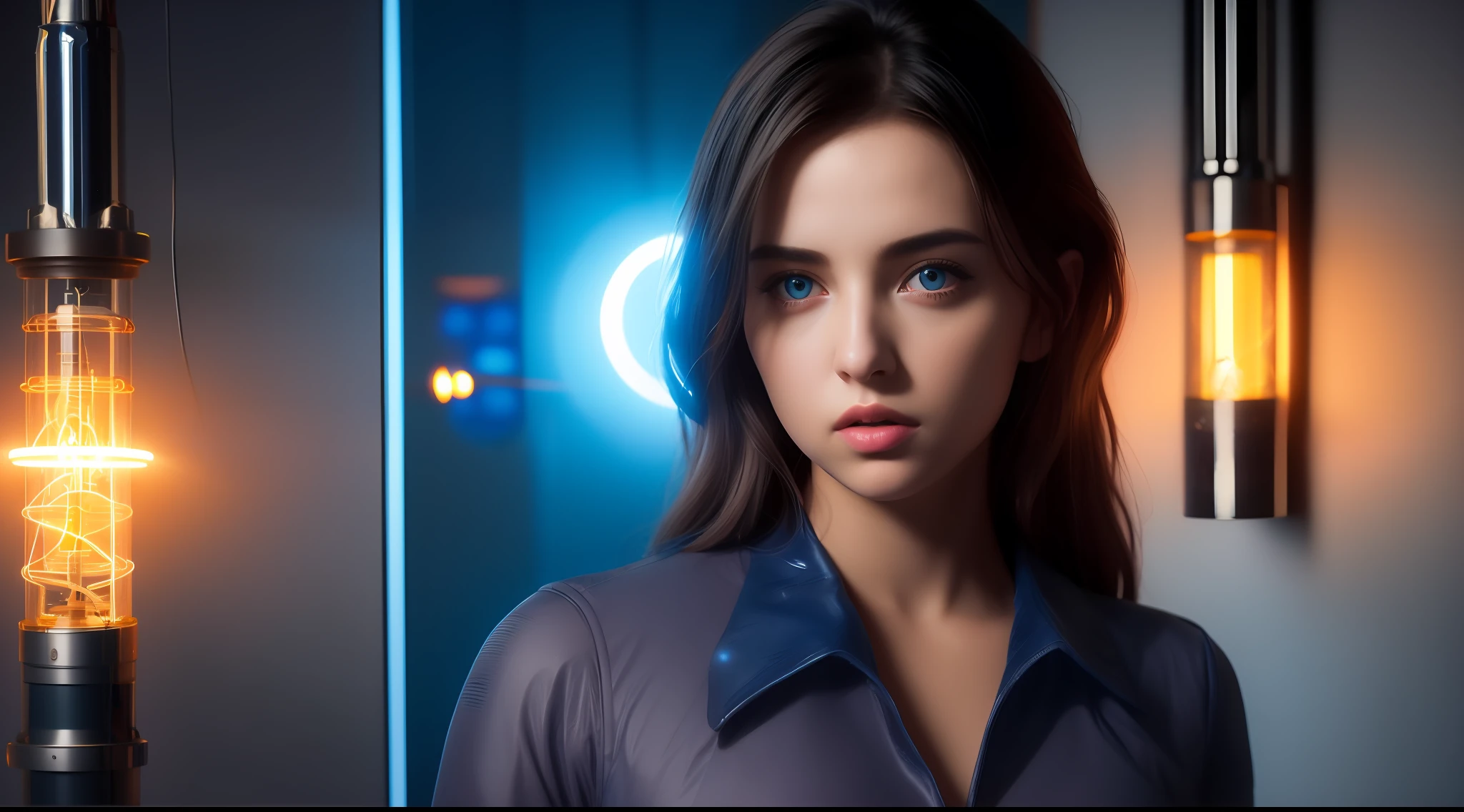 portrait of a beautiful 18 year old girl with the face of Ana de Armas beautiful and perfect, american, black hair, blue eyes, with futuristic clothes, in dark private office, melancholic dark light: 1.2, elegant, pretty face, detailed skin, oil: 0.6, tesla coil: 0.4, nixie tube: 0.8, highly detailed, hyperdetailed, intricate, bloom: 0.4, soft lighting, side lighting: 0.8, 8k