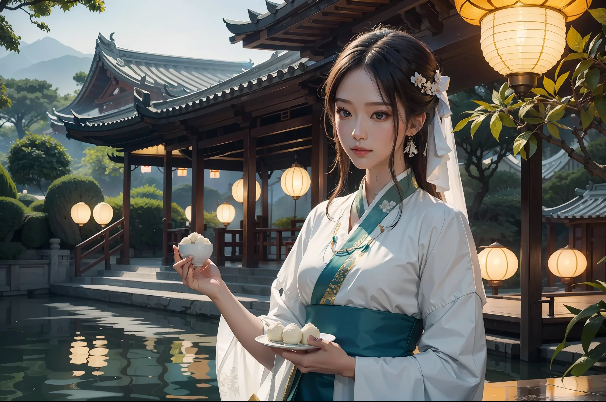 A gorgeous model dressed in white Hanfu,Holding a plate of green rice dumplings in his hand,By the pavilion by the fantastic West Lake of Hangzhou,out door,Deep blue sky in the early morning,Delicate yellow lanterns,night scenery,Photography-grade lighting,4K,Product shooting,Realistic Details,Perfect photo,Close-up of the --ar 3:4 --q 2 --v 5 --s 750