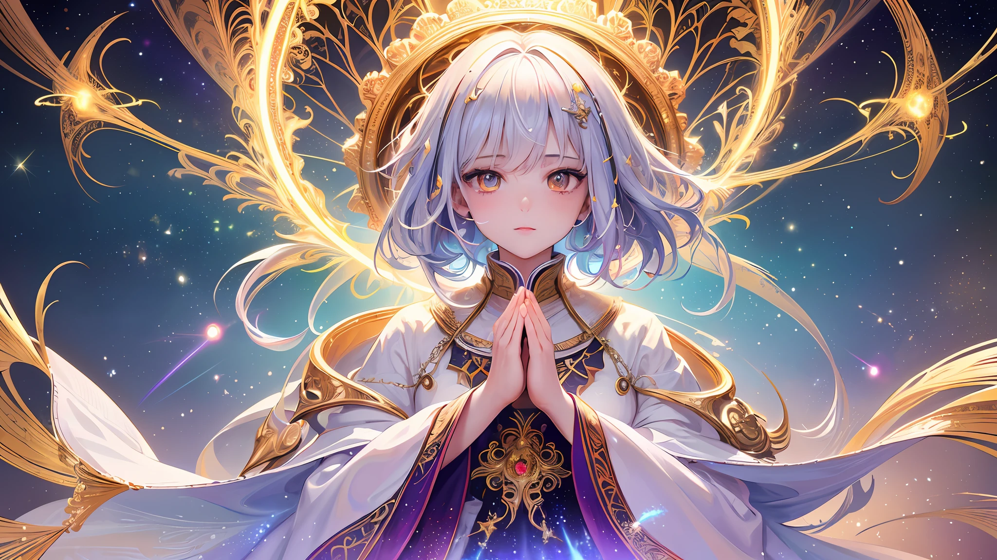 (masterpiece, top quality, best quality, official art, beautiful and aesthetic:1.2), (1girl), extreme detailed, (fractal art:1.3), colorful, highest detailed, perfect face, upper body, HDR, (praying:1.3), (white cloak golden lines:1.2), galaxy, (light streaks), striking visuals, (dynamic streaks, luminous trails:1.2), vibrant colors,