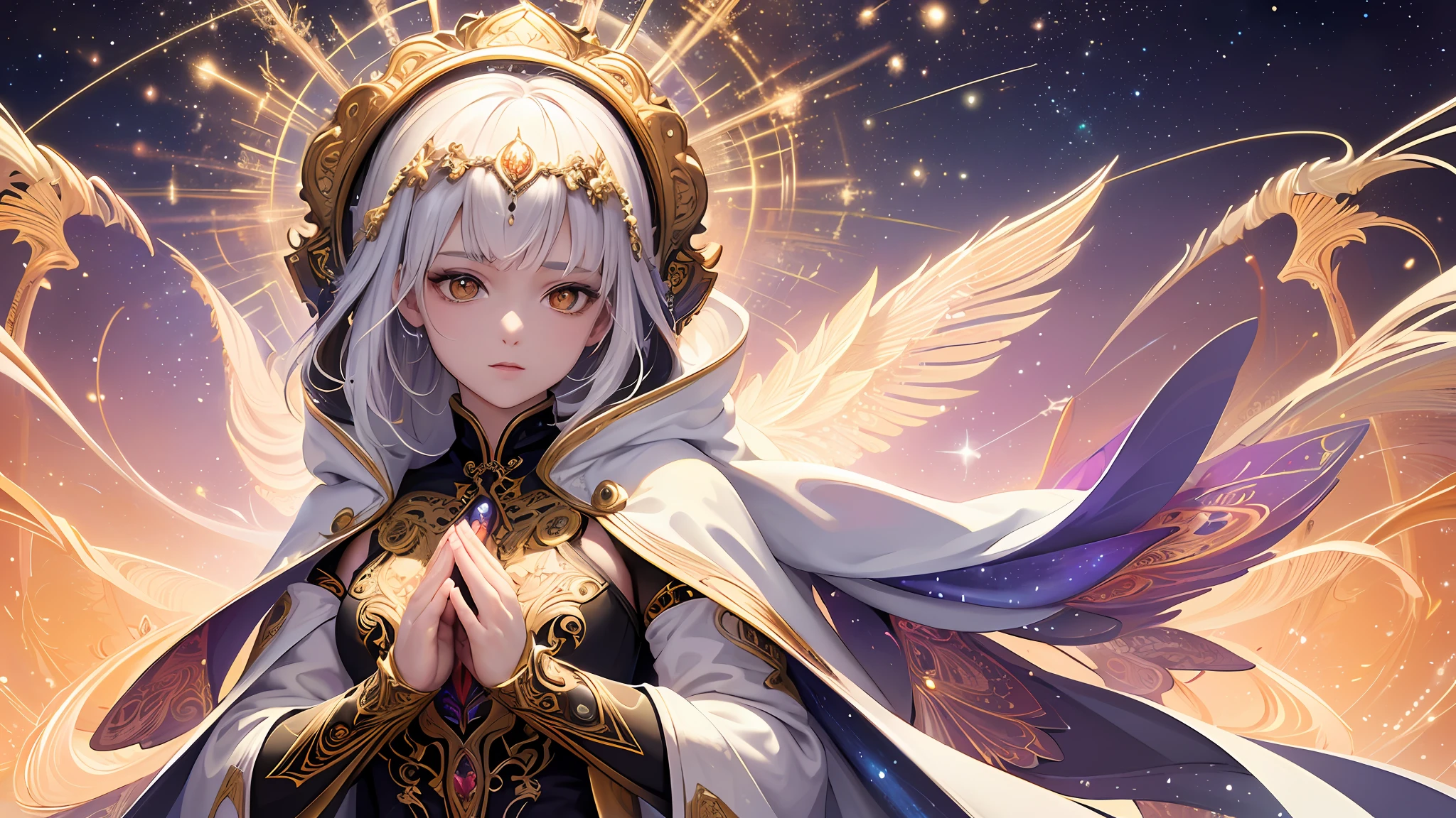 (masterpiece, top quality, best quality, official art, beautiful and aesthetic:1.2), (1girl), extreme detailed, (fractal art:1.3), colorful, highest detailed, perfect face, upper body, HDR, (praying:1.3), (white cloak golden lines:1.2), galaxy, (light streaks), striking visuals, (dynamic streaks, luminous trails:1.2), vibrant colors,