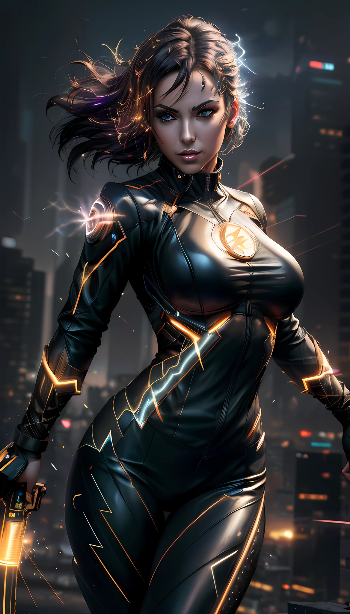 arafed woman in a black leather outfit with a sword, artgerm julie bell beeple, Voitke S., cyberpunk judy alvarez, female cyberpunk anime girl, trending on artstation 4k, cyberpunk angry gorgeous goddess, beautiful cyberpunk woman model, cyberpunk art ultrarealistic 8k, hero pose colorful city lighting, cyberpunk beautiful girl, cyberpunk woman