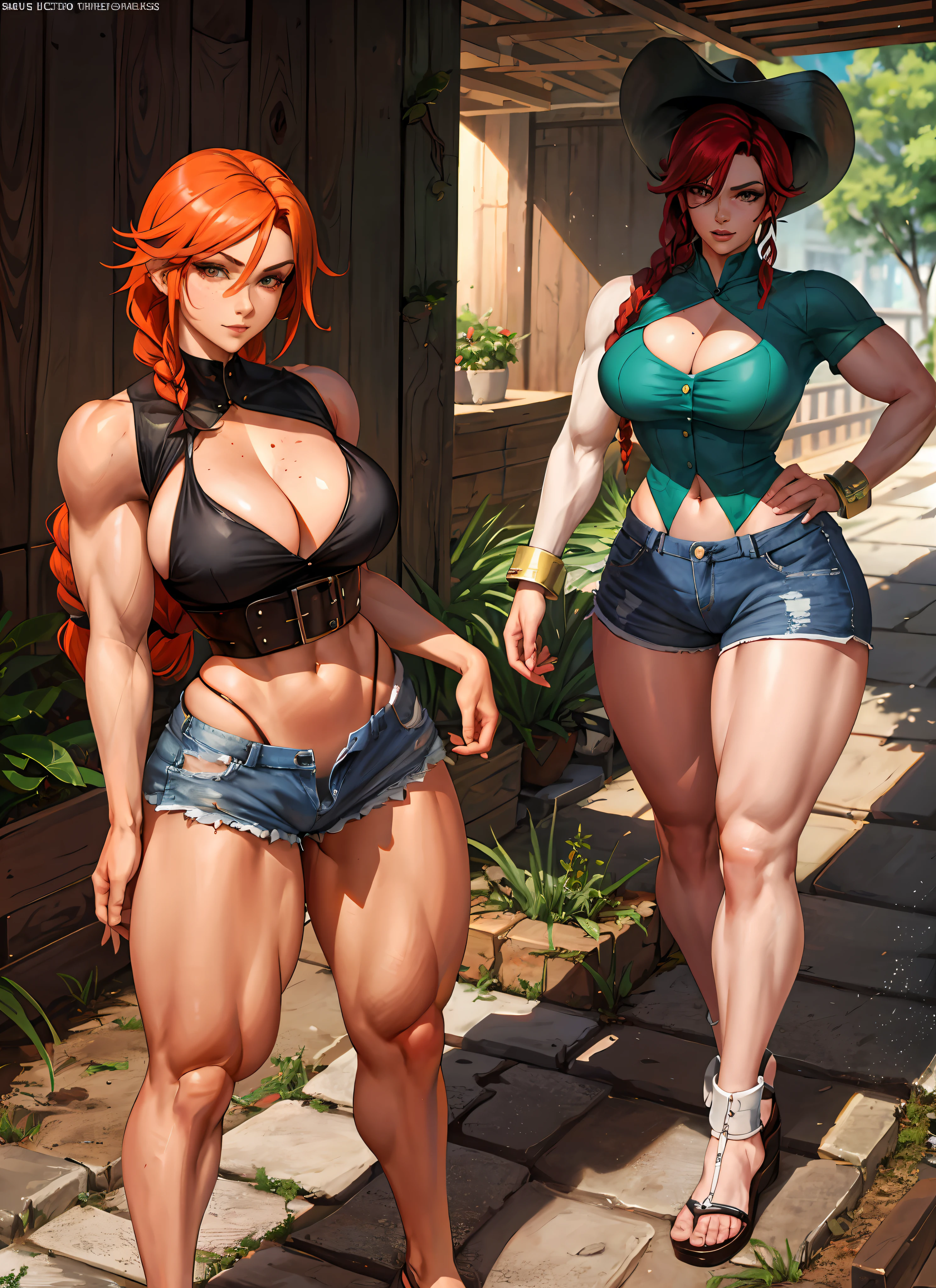 1 girl, beautiful, perfect lighting, muscular, thick thighs, mature woman, milf, navel, abdomen, looking at the viewer (masterpiece, high quality: 1.1), cowboy hat, freckles on body, barn, pale skin, red hair, braid, , short shorts, plaid shirt, skindentation, neckline, smile, thicc, cutesexyrobutts, cel-shaded art style, in fighter poses, highly detailed exquisite fanart, female protagonist 👀 :8,  Commission for high resolution, fighter pose, full body commission for, high quality fanart, various pose, Cushart Kenz, King of Fighters character