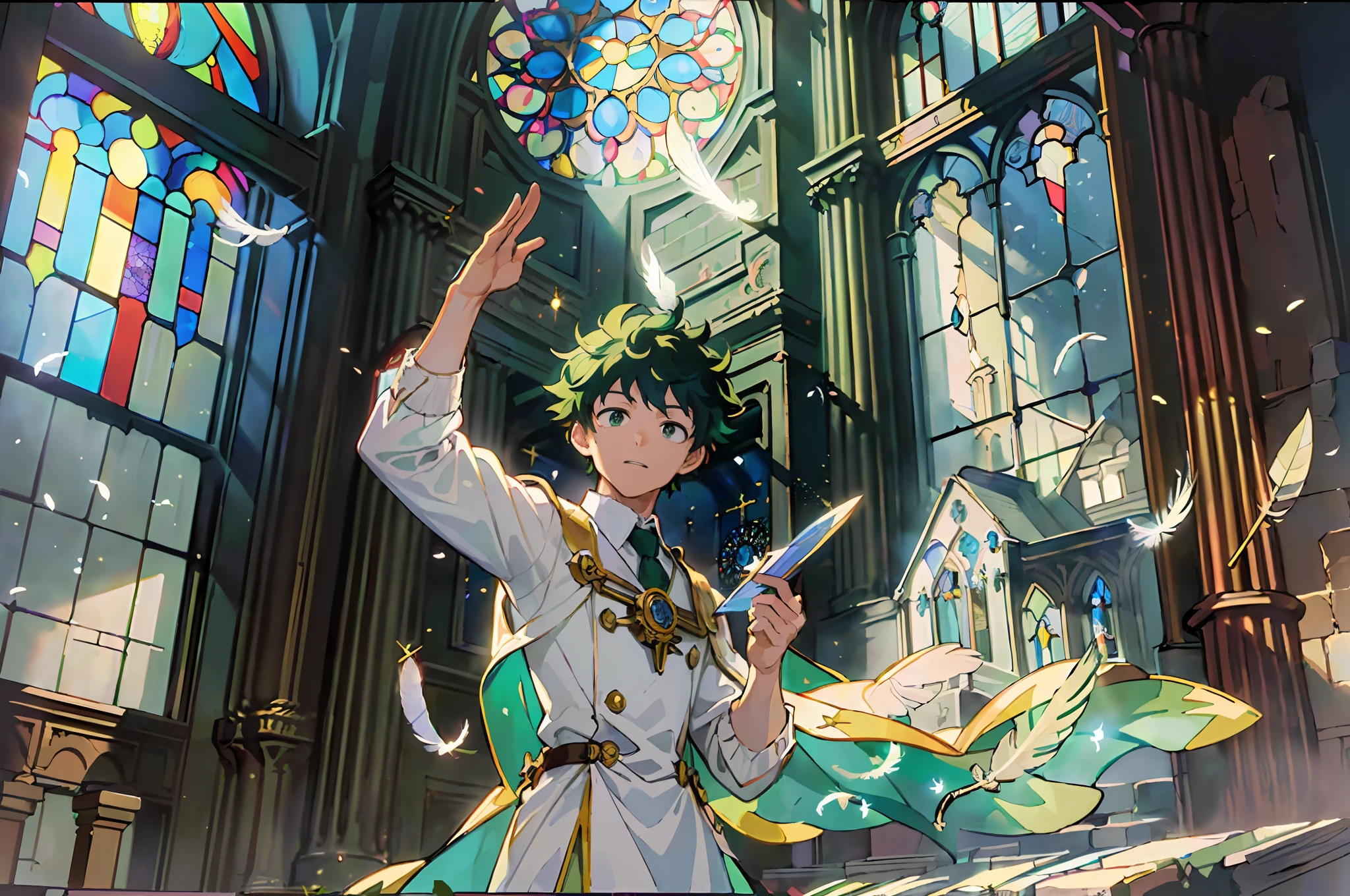 ((Masterpiece: 1.4, Best Quality)), ((Masterpiece, Best Quality)), (Ruined Church: 1.2), (Fragment: 1.2), (Stained Glass: 1.3), Pillar, Canopy, Izuku Midoriya, Beautiful Cloak, (Light Particles), (Feathers: 1.3), (Faint sunlight coming through the window), Bright atmosphere, (Beholder: 1.3), Cowboy Shot