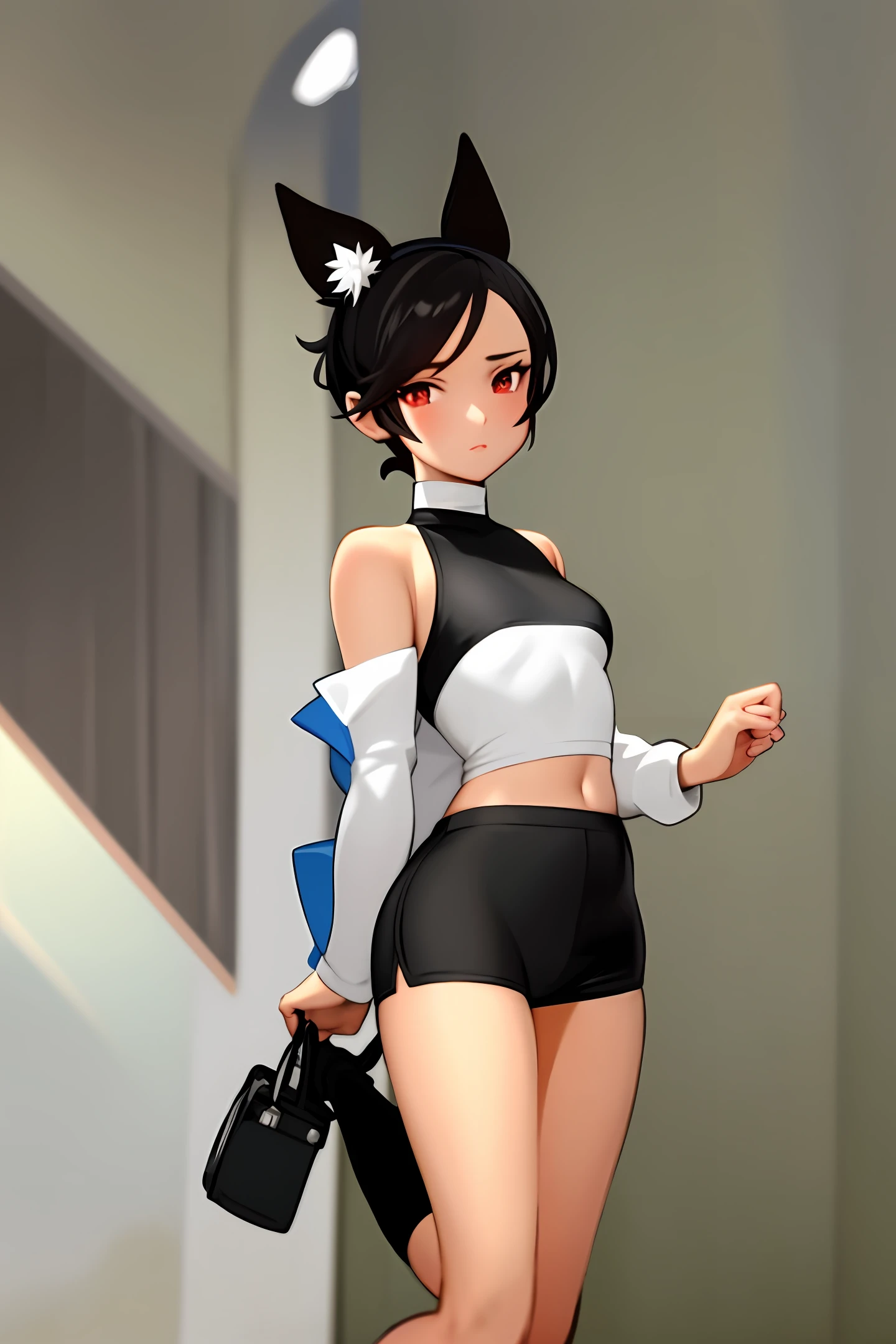 tall,The gold band is tied into a light brown ponytail and hangs down,The black turtleneck crop top has only one long sleeve,One side shows slender shoulders,The snow-white thighs that could not be concealed by the black skirt with large forks on the sides。Short silver hair,Blue and white long-sleeved top with suspenders off-the-shoulder,The sleeves on both sides seem to be transparent,Black shorts with light-colored mesh stockings underneath,Step on booster shoes。Wear a cat's ear cap,High golden double ponytails peek out from the cat's ears on either side,A short crop top with a black and white neck reveals one side of the shoulders,Wears a slightly fluffy black and red long-sleeved short coat,Red rimmed black shorts under white and black under one,The right leg is snow-white,The left leg is black tights,Both legs are covered with leg loops。Red eyes