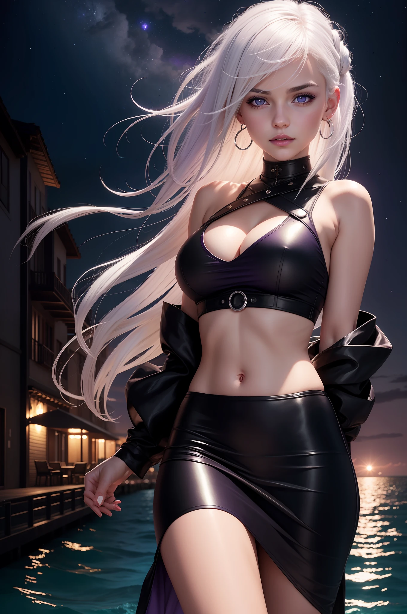 realistic, 1girl, white hair, purple eyes, glowing eyes, crop top, underboobs, skirt, parted lips, blush, night, sun, sunlight, sea village, sea at night, night sky, port