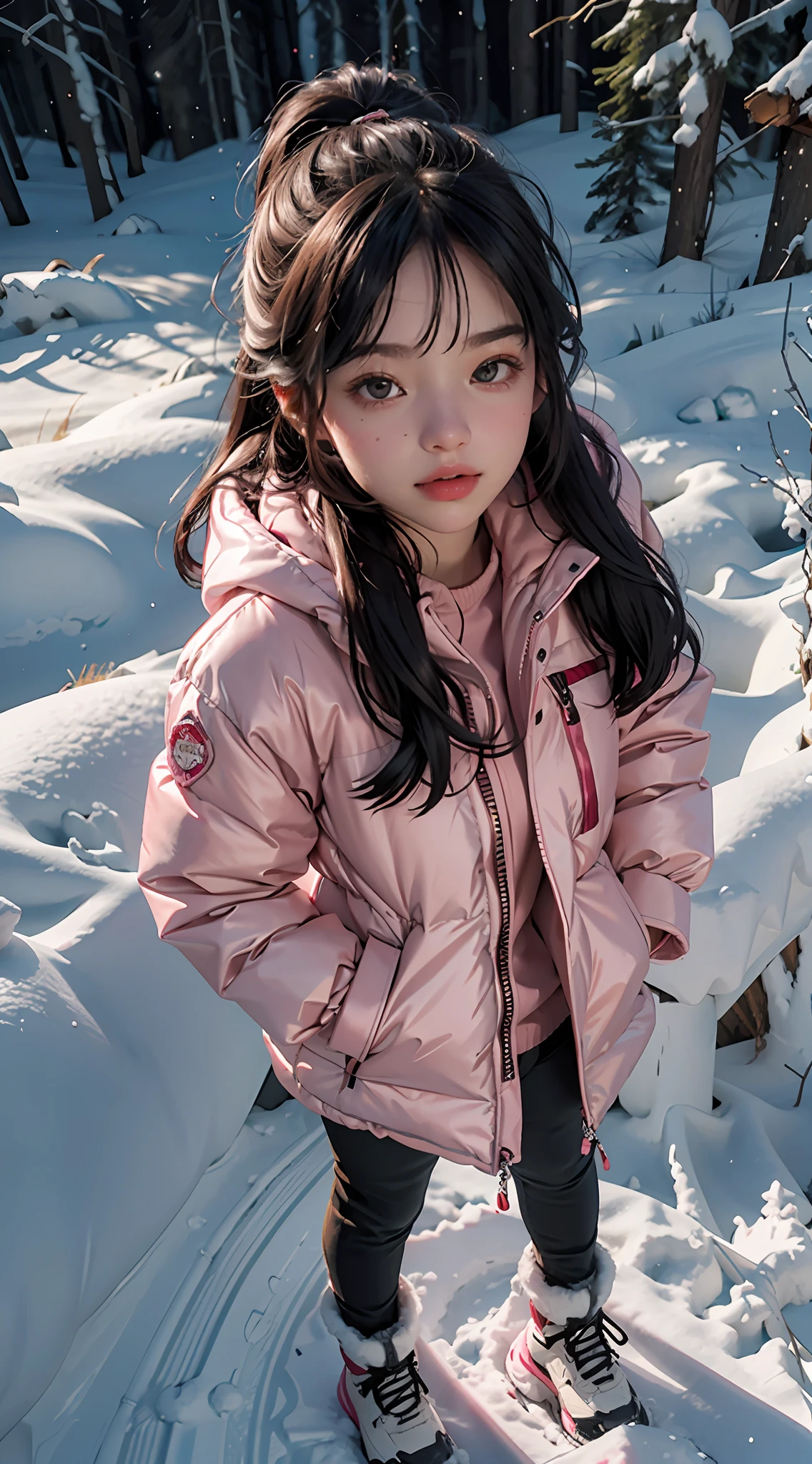 Masterpiece level, best image quality, ultra-sharp resolution, realistic details (fidelity: 1.4) CG work, 1 girl, winter snow, (pink long down jacket: 1.6), (a little rosy face: 1.2), long black hair, black eyes, hands in pockets, looking at the audience affectionately, a few snowflakes in the sky, clear winter, full body photo, 14 year old girl