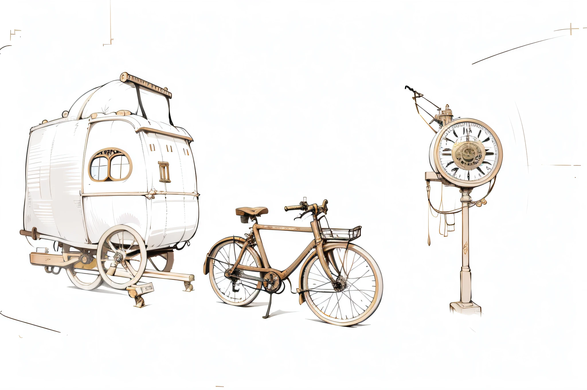 drawing of a bike and a bed in a trailer, Steampunk bike, ((Steampunk style)), (Post-apocalypse), detailed line drawing, by Eugeen Van Mieghem, illustration and sketch, concept drawing, line drawing, line-drawing, realistic line drawing, Pure ink, Detailed line drawing, by Grayson Perry, line art illustration, vehicle illustration, linear illustration, by Jessie Alexandra Dick, in the style of steampunk., Detailed drawing, monochrome,