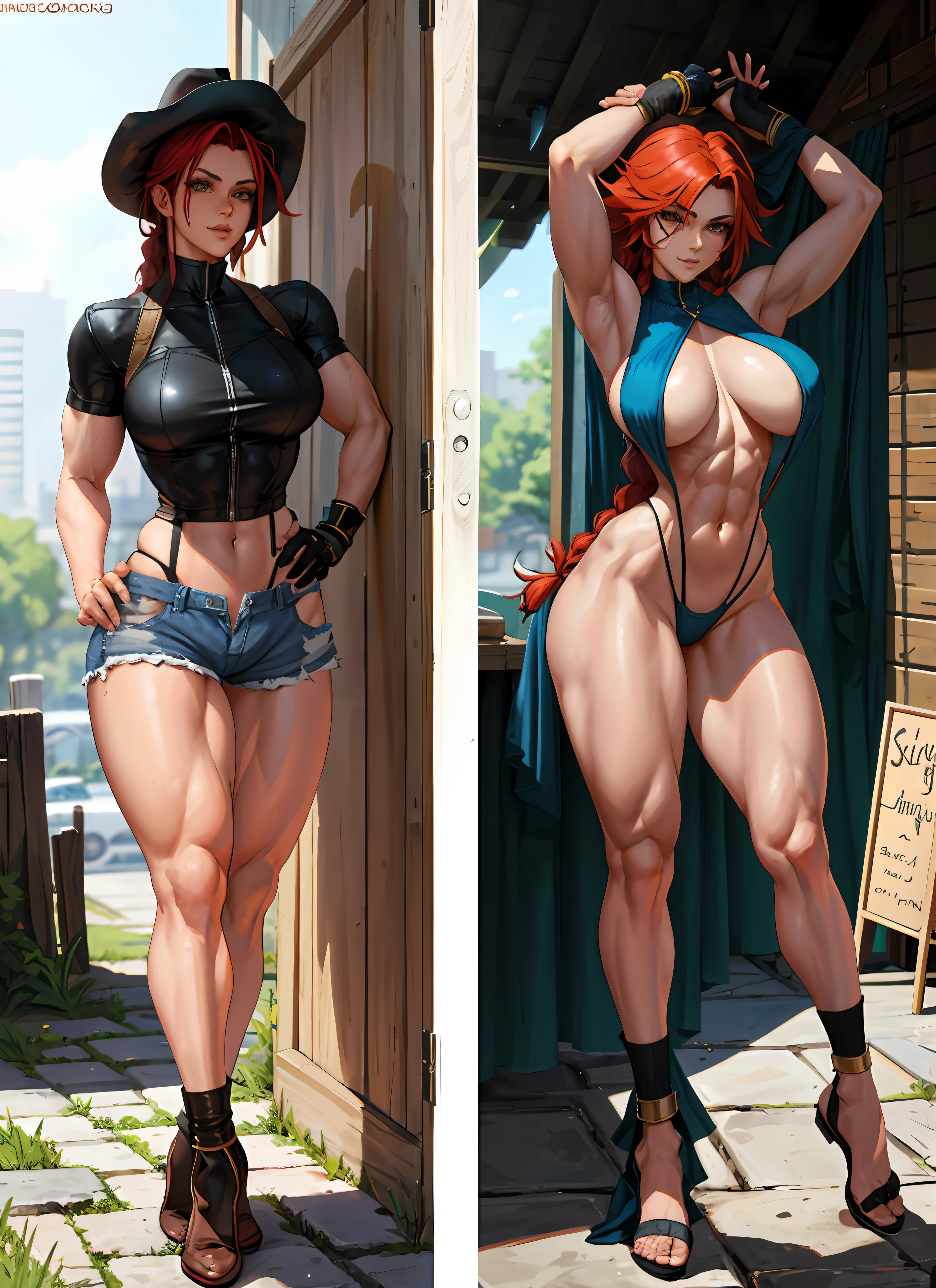 1 girl, beautiful, perfect lighting, muscular, thick thighs, mature woman, milf, navel, abdomen, looking at the viewer (masterpiece, high quality: 1.1), cowboy hat, freckles on body, barn, pale skin, red hair, braid, , short shorts, plaid shirt, skindentation, neckline, smile, thicc, cutesexyrobutts, cel-shaded art style, in fighter poses, highly detailed exquisite fanart, female protagonist 👀 :8, Commission for high resolution, fighter pose, full body commission for, high quality fanart, various pose, Cushart Kenz, King of Fighters character
