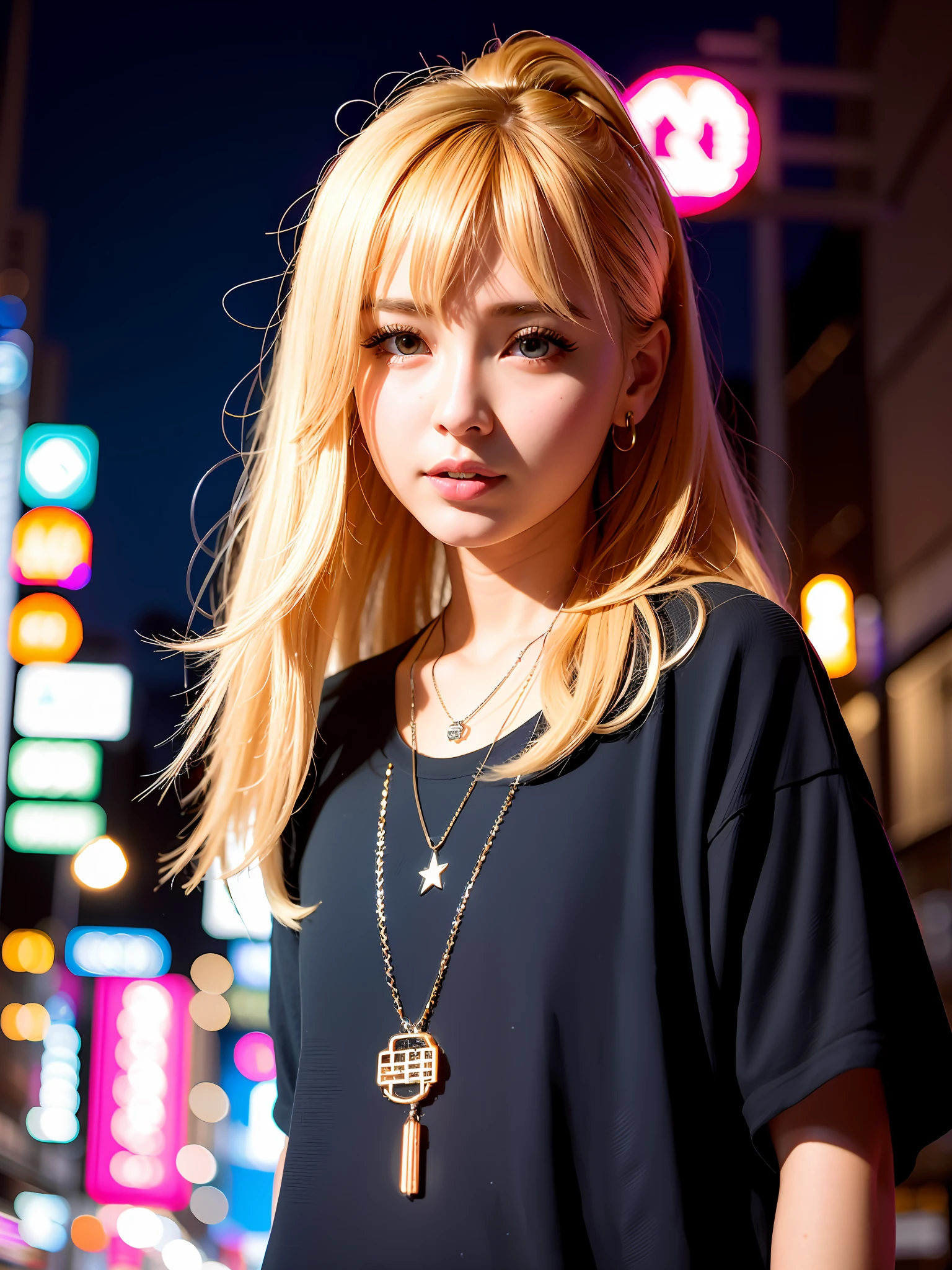 8k、RAW photos、Best Quality、masterpiece ,:1.2、real、photorealistic、night、Tokyo Street、night、Cityscape、Neon lights、sidewalk、city lights、gloomy、Front lens、close up、punk fashion、the woman、TOKYO、30-year-old、Necklace around the neck、blond hair