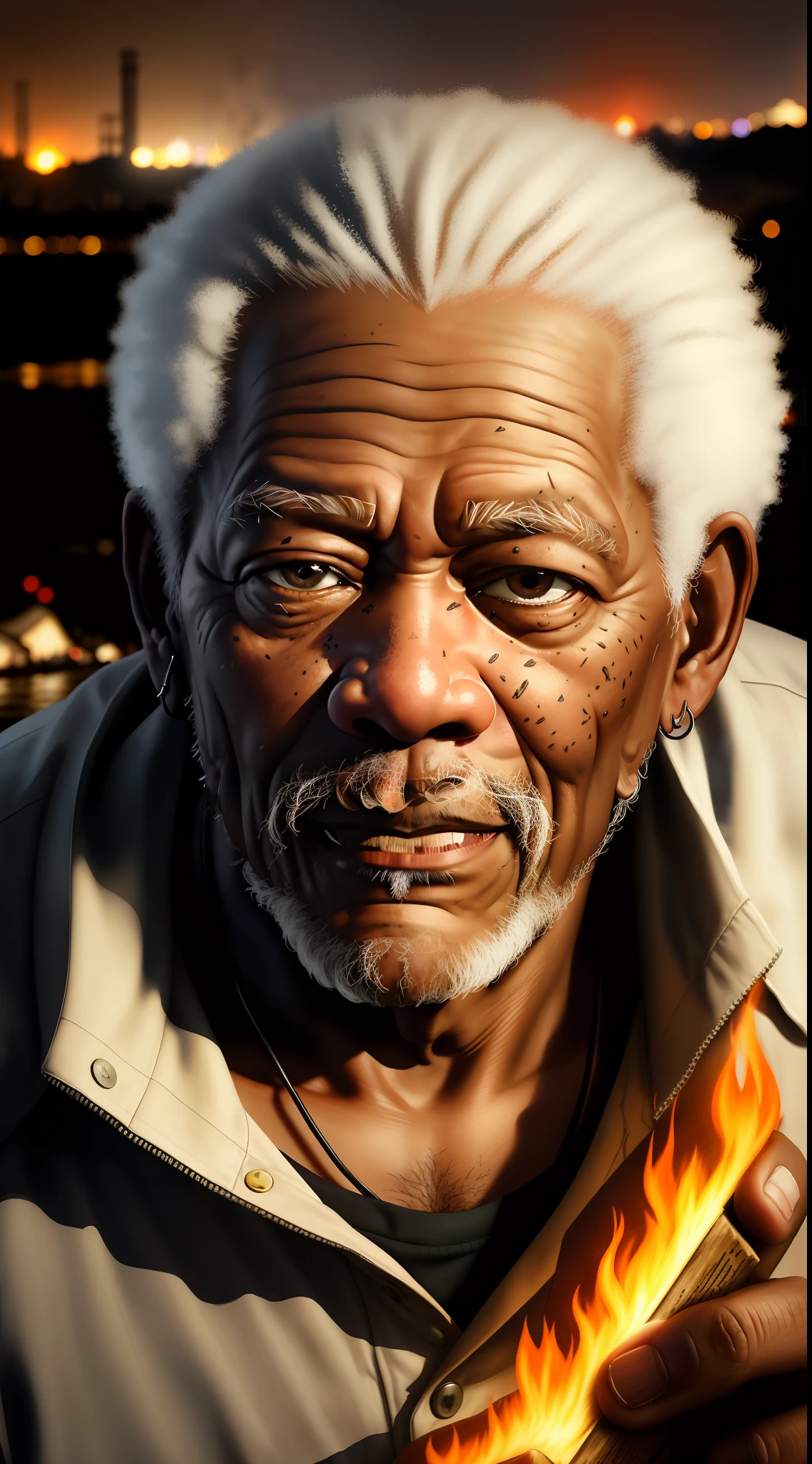 A close-up of a Morgan Freeman old man's face, illuminated by the light of a fire, with a backdrop of a dirty river and a shanty town.