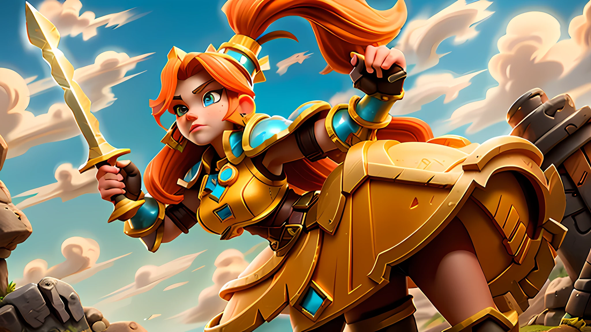 Woman in Armor, Holding a big sword, At the top of the cliff, yellow armor, Huge shield, ginger hair, crown on the head, Concept-Art, inspired by Leona Wood, Winner of the artstation competition, fantasy art, league of legends character, league of legends character art, samira from league of legends, miss fortune league of legends, from league of legends, style league of legends, Concept-Art League of Legends, caitlyn from league of legends