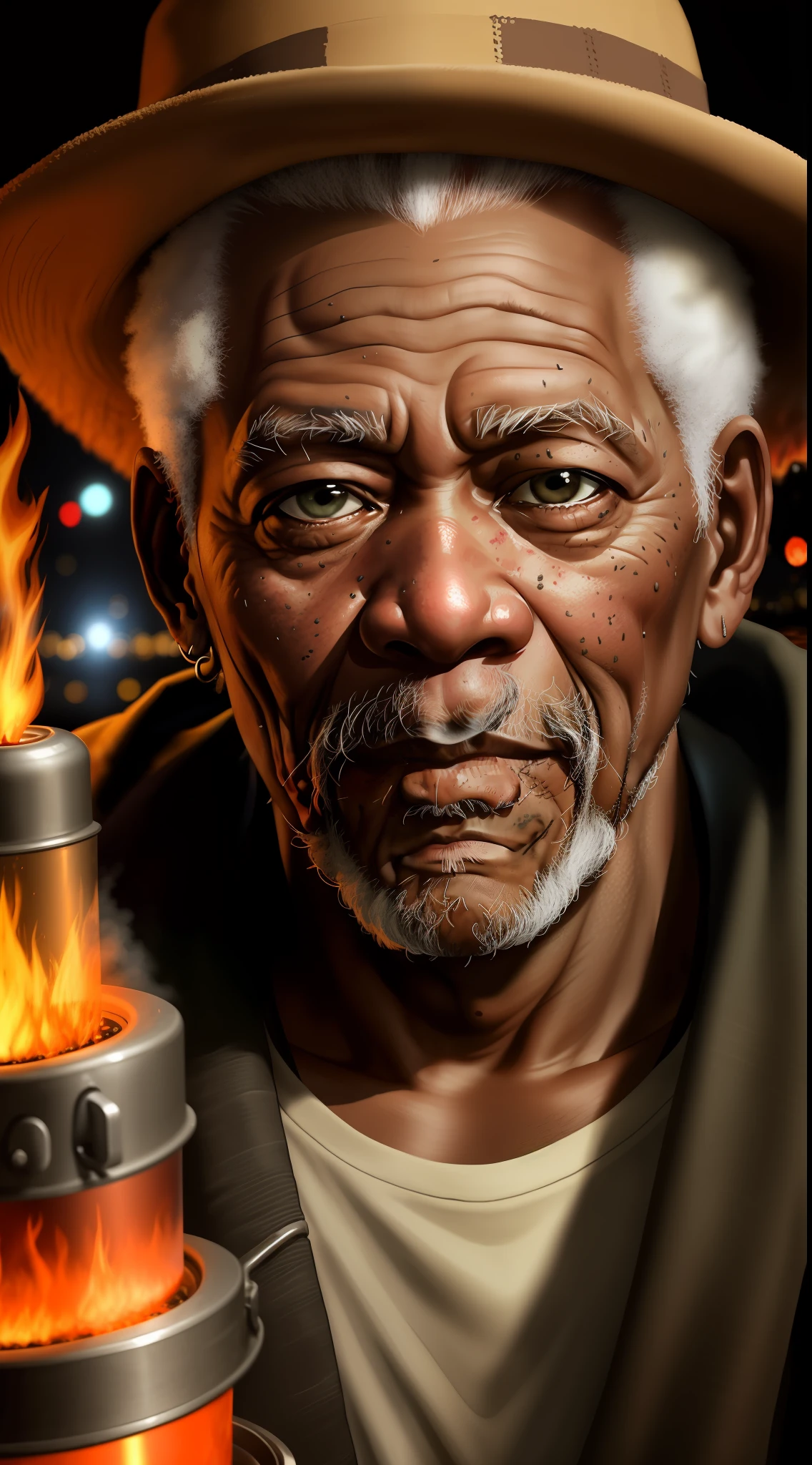 A close-up of a Morgan Freeman old man's face, illuminated by the light of a fire, with a backdrop of a dirty river and a shanty town.