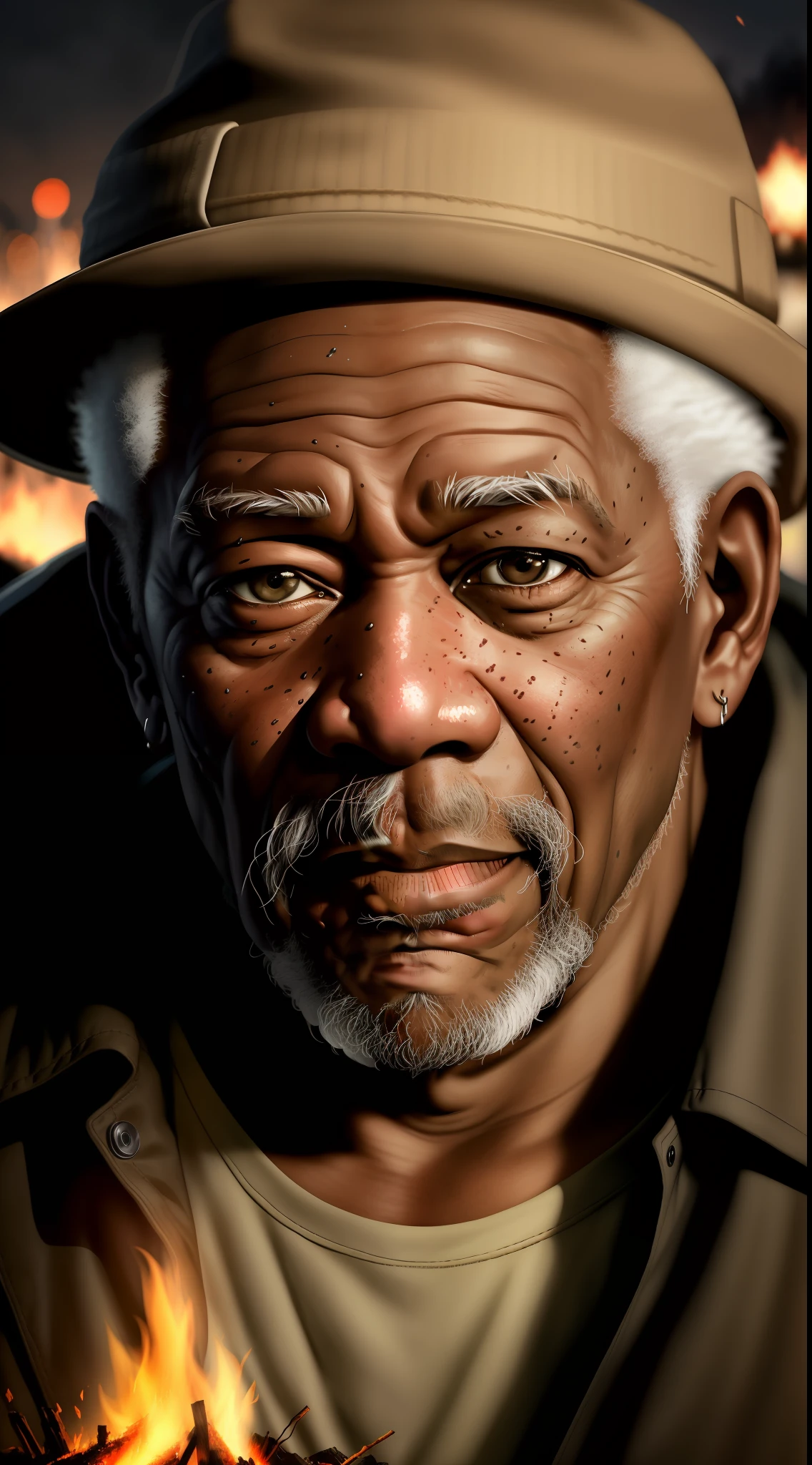 A close-up of a Morgan Freeman old man's face, illuminated by the light of a fire, with a backdrop of a dirty river and a shanty town.