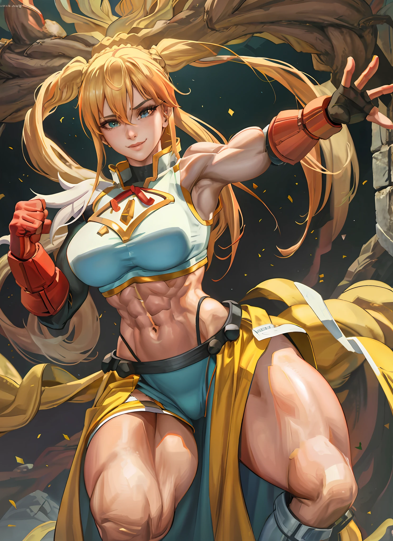 1 girl, beautiful, perfect lighting, muscular, thick thighs, mature woman, milf, navel, abdomen, looking at the viewer (masterpiece, high quality: 1.1), freckles on the body, pale skin, blonde hair, skindentation, neckline, smile, thicc, cutesexyrobutts, cel - shaded art style, in fighter poses, highly detailed exquisite fanart, female protagonist 👀 :8, commission for high resolution, fighter pose,  Full body commission for, high quality fanart, various pose, Cushart Kenz, King of Fighters character, Cammy's poses from street fighter