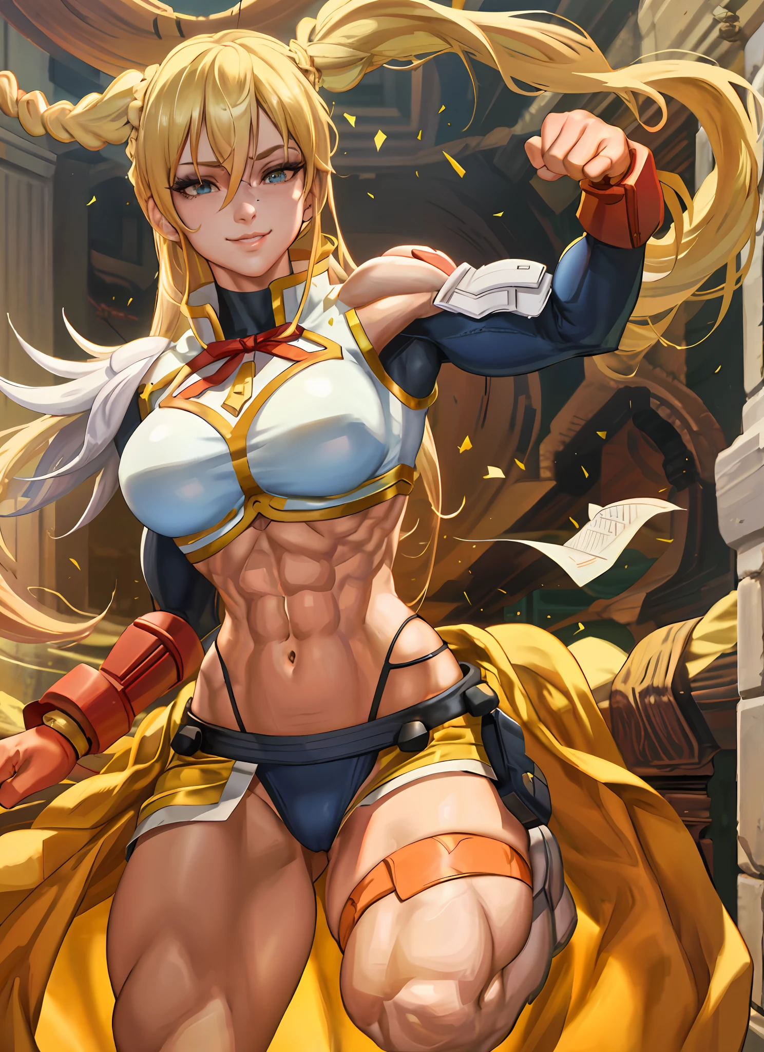 1 girl, beautiful, perfect lighting, muscular, thick thighs, mature woman, milf, navel, abdomen, looking at the viewer (masterpiece, high quality: 1.1), freckles on the body, pale skin, blonde hair, skindentation, neckline, smile, thicc, cutesexyrobutts, cel - shaded art style, in fighter poses, highly detailed exquisite fanart, female protagonist 👀 :8, commission for high resolution, fighter pose, Full body commission for, high quality fanart, various pose, Cushart Kenz, King of Fighters character, Cammy's poses from street fighter