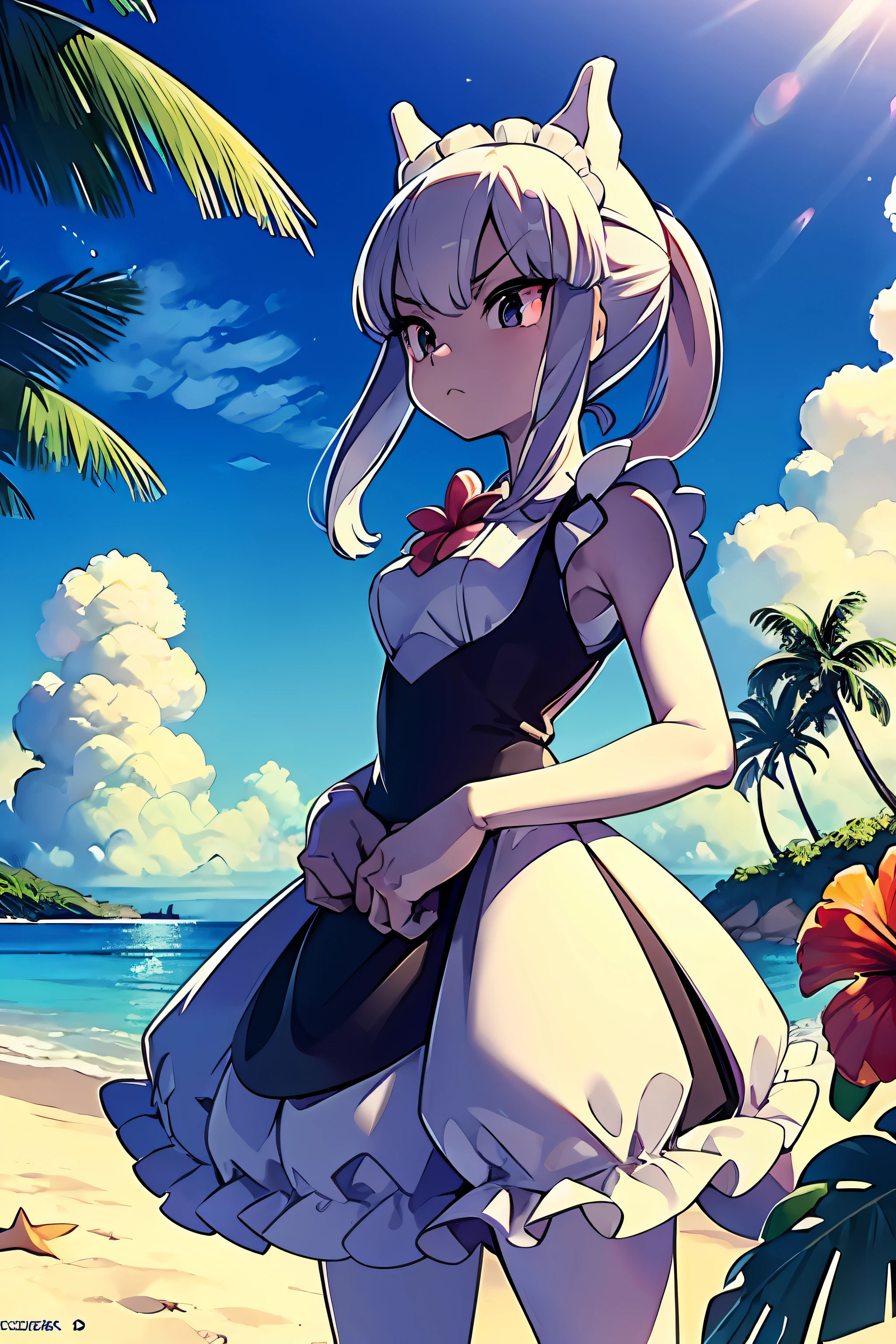 Mewtwo, pokemon_creature, Non-human, Maid Clothes, Maid, Maid Apron, Maid Hair Band, Cute Girl, 1 Girl, Tropical Deuce, (Beach, Palm Tree), Beach, Clear Water, (Blue Sky, Cumulonimbus), (Island), (Hibiscus), 3D, CG, Live-action