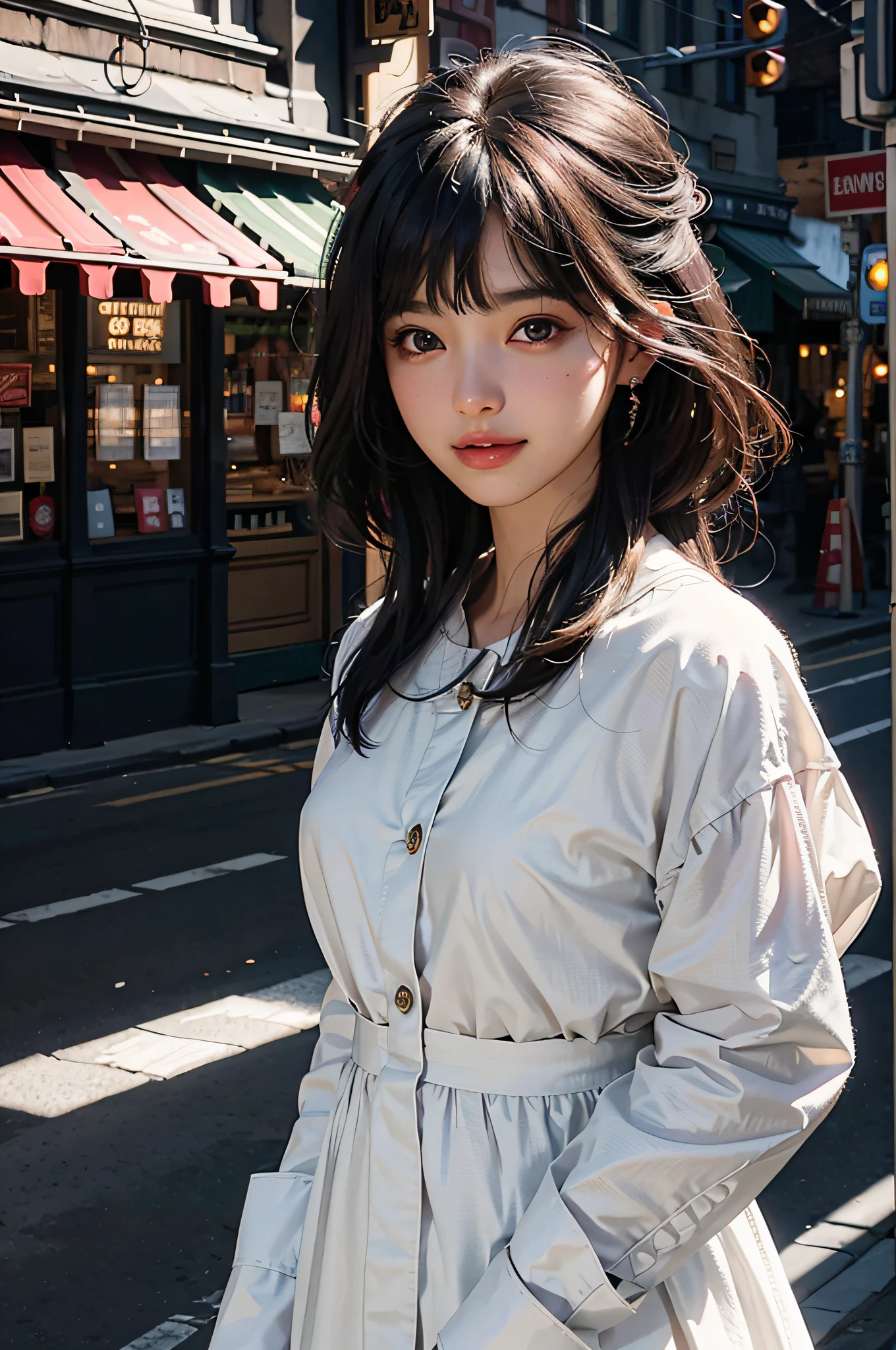 8k,RAW photos,Bestquality,a masterpiece:1.2),ultra detail,ultrahighres, (lifelike,photos-realistic:1.37),High detail RAW color photo,professional photo, A very delicate and beautiful,Very detailed 8k wallpaper,Amazing,Fine details,hugefilesize,offical art,Extremely detailed CG Unity 8k wallpaper, extremely detailed beautiful girl,Extremely detailed face,extremely detailed eyes,extremely detailed skin,extremely detailed fingers,extremely detailed nose,Extremely delicate mouth,perfect antomy,Extremely detailed background,Extremely complex background,extremely detailed clothing,1girle,Medium Breast,star eye,blush, cute girl, Realistic body, Fair skin,Skin is shiny,Slim figure,Good figure, dark hair,long straight hair,(blunt bangs:1.2), smile,、,、,, cuteg, young, lovely face, Nice face, Realistic face, small face, Beautiful Detailed Eyes,(frill blouse:1.2),Earring, look at the viewer,(Cowboy lens:1.2),Front View,standing pose,opposition, out door, (Daytime:1.2), cityscape, depth, New York, the street, Professional Lighting,