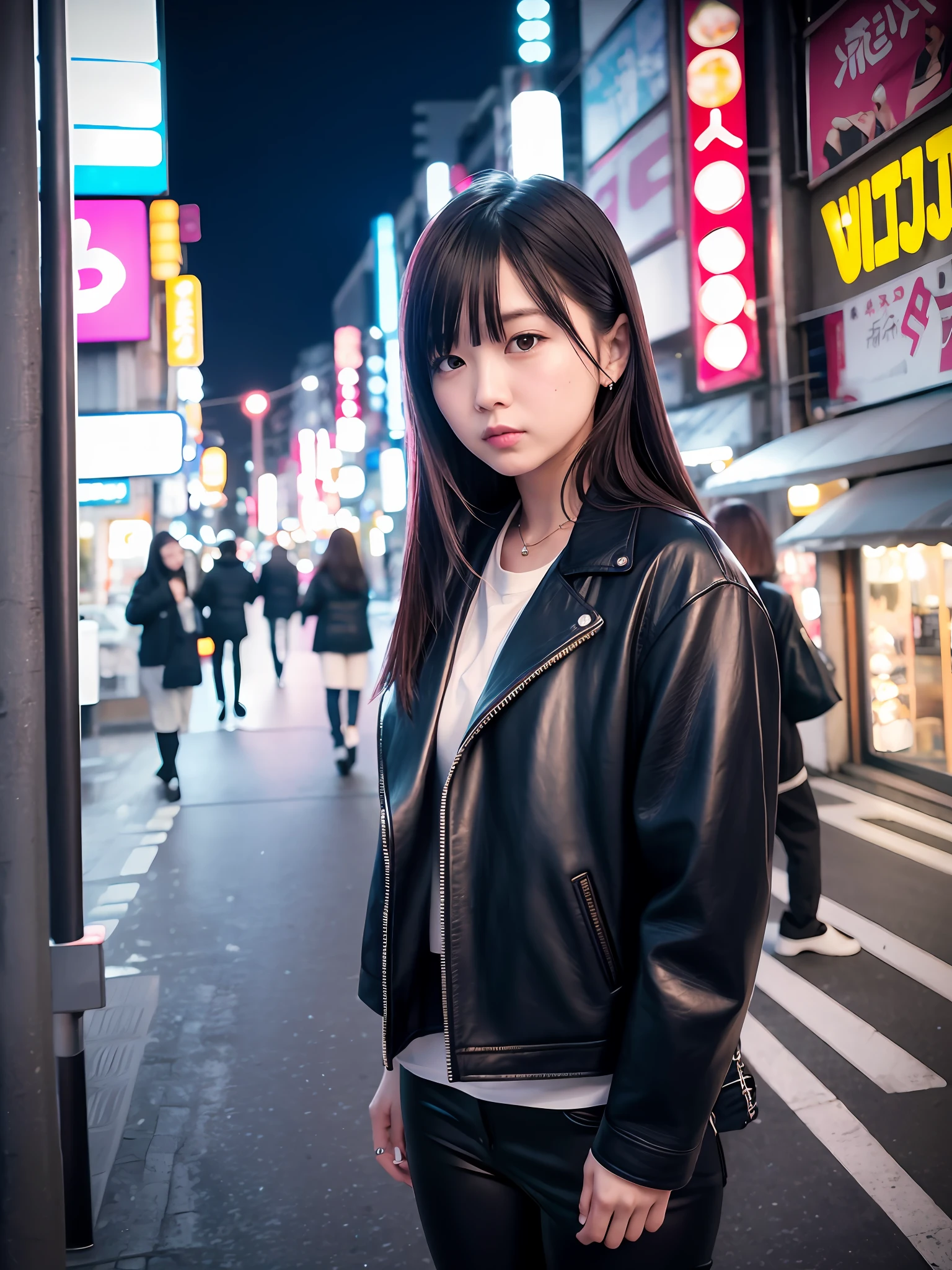 8k、RAW photos、Best Quality、masterpiece ,:1.2、real、photorealistic、night、Tokyo Street、night、Cityscape、Neon lights、sidewalk、city lights、gloomy、1girl、Front lens、close up、Clothes are leather jackets、