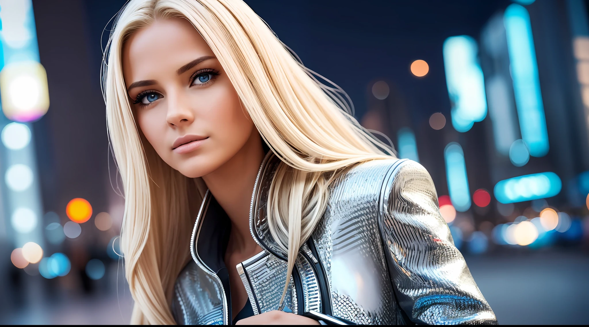 a realistic photo of a girl in her 30s wearing futuristic clothing, blonde hair, futuristic city, (1girl), wallpaper, extremely detailed 8k CG unit, photo of the most beautiful artwork in the world, majestic professional, photography by Steve McCurry, 8k uhd, dslr, soft lighting, high quality, film grain, sharp focus Fujifilm XT3, f 5.6, high detail, sharp focus, dramatic, looking at viewer: 1.2, detailed pupils: 1.3, natural light