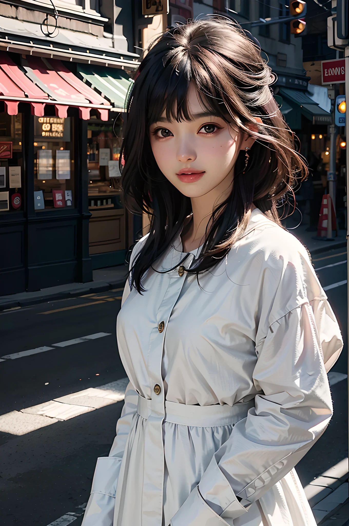 8k,RAW photos,Bestquality,a masterpiece:1.2),ultra detail,ultrahighres, (lifelike,photos-realistic:1.37),High detail RAW color photo,professional photo, A very delicate and beautiful,Very detailed 8k wallpaper,Amazing,Fine details,hugefilesize,offical art,Extremely detailed CG Unity 8k wallpaper, extremely detailed beautiful girl,Extremely detailed face,extremely detailed eyes,extremely detailed skin,extremely detailed fingers,extremely detailed nose,Extremely delicate mouth,perfect antomy,Extremely detailed background,Extremely complex background,extremely detailed clothing,1girle,Medium Breast,star eye,blush, cute girl, Realistic body, Fair skin,Skin is shiny,Slim figure,Good figure, dark hair,long straight hair,(blunt bangs:1.2), smile,、,、,, cuteg, young, lovely face, Nice face, Realistic face, small face, Beautiful Detailed Eyes,(frill blouse:1.2),Earring, look at the viewer,(Cowboy lens:1.2),Front View,standing pose,opposition, out door, (Daytime:1.2), cityscape, depth, New York, the street, Professional Lighting,
