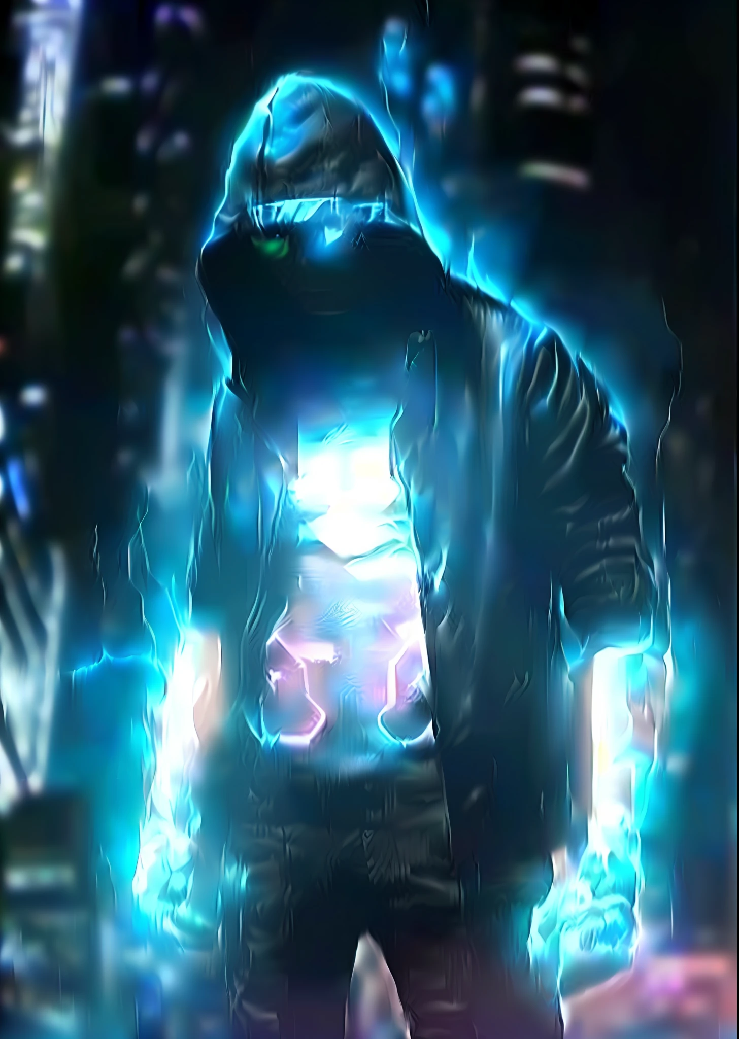 A close-up of a man in a hoodie,The background is lightning, full portrait of electromancer, cyberpunk hero, cyberpunk dude, has cyberpunk style, cyberpunk street goon, an epic anime of a energy man, cyberpunk hacker, cyberpunk character, cyberpunk))))), in cyberpunk style, hero pose colorful city lighting, cyberpunk style outfit, glowing cybernetic augments
