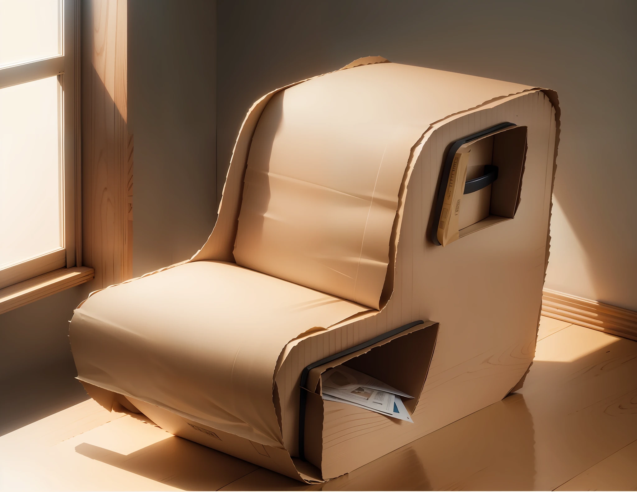 A chair made of cardboard,The lower triangular area is a drawer with a handle ,Highlight the material of the corrugated paper --auto --s2