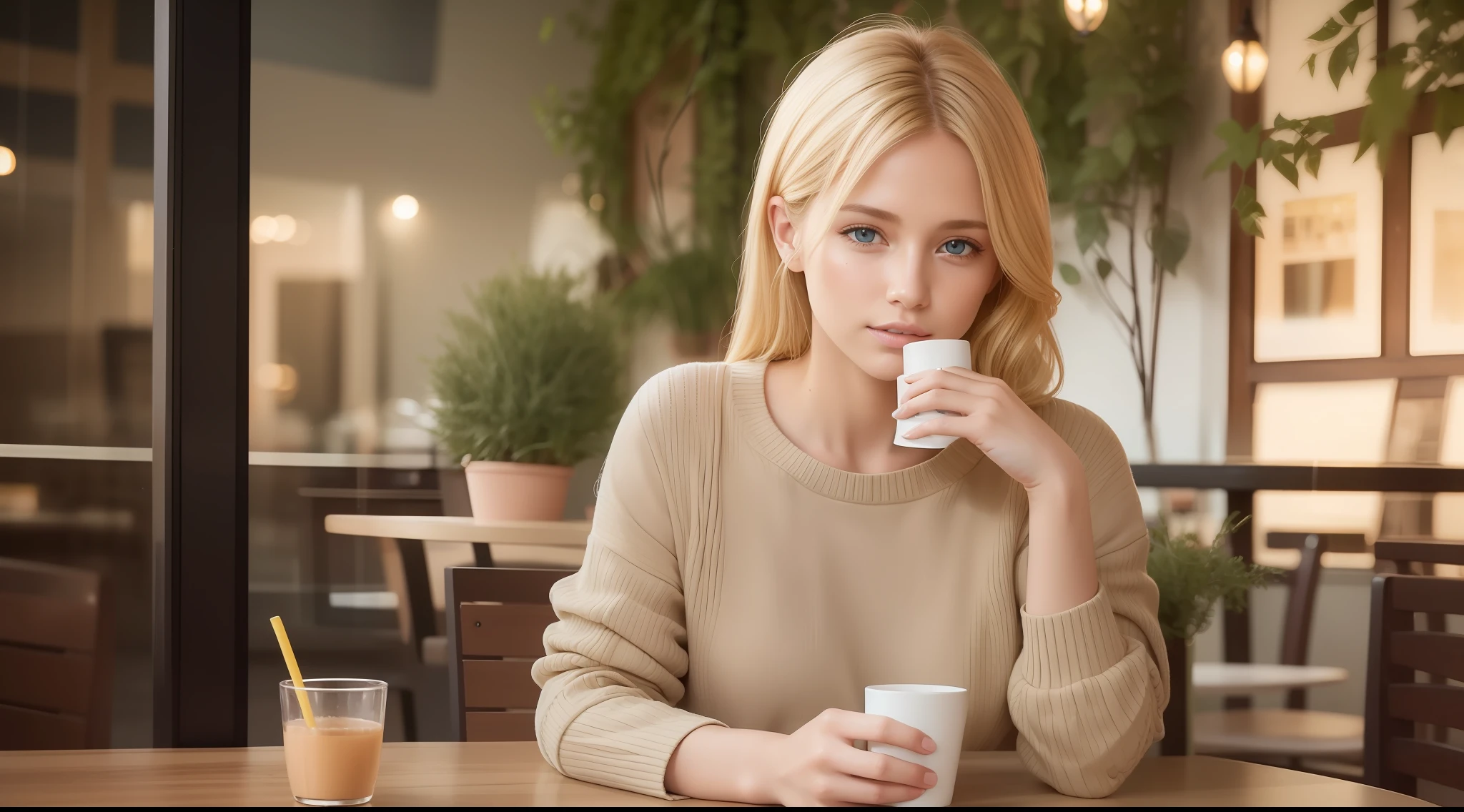 cute beautiful blonde wearing yellow sweater (drinking coffee inside a modern cafe at sunset), very detailed, 21 years old, inoccent face, natural wave hair, blue eyes, high-res, masterpiece, best quality,intricate details, highly detailed,sharp focus, detailed skin,realistic skin texture,texture, detailed eyes, professional, 4k, charmer smile, shot on Canon, 85mm,shallow depth of field,kodak vision color, perfect fit body, extremely detailed, photo_\(ultra\), photorealistic, realistic, post-processing, max detail, roughness, real life, ultra realistic, photorealism, photography, 8k uhd, photography