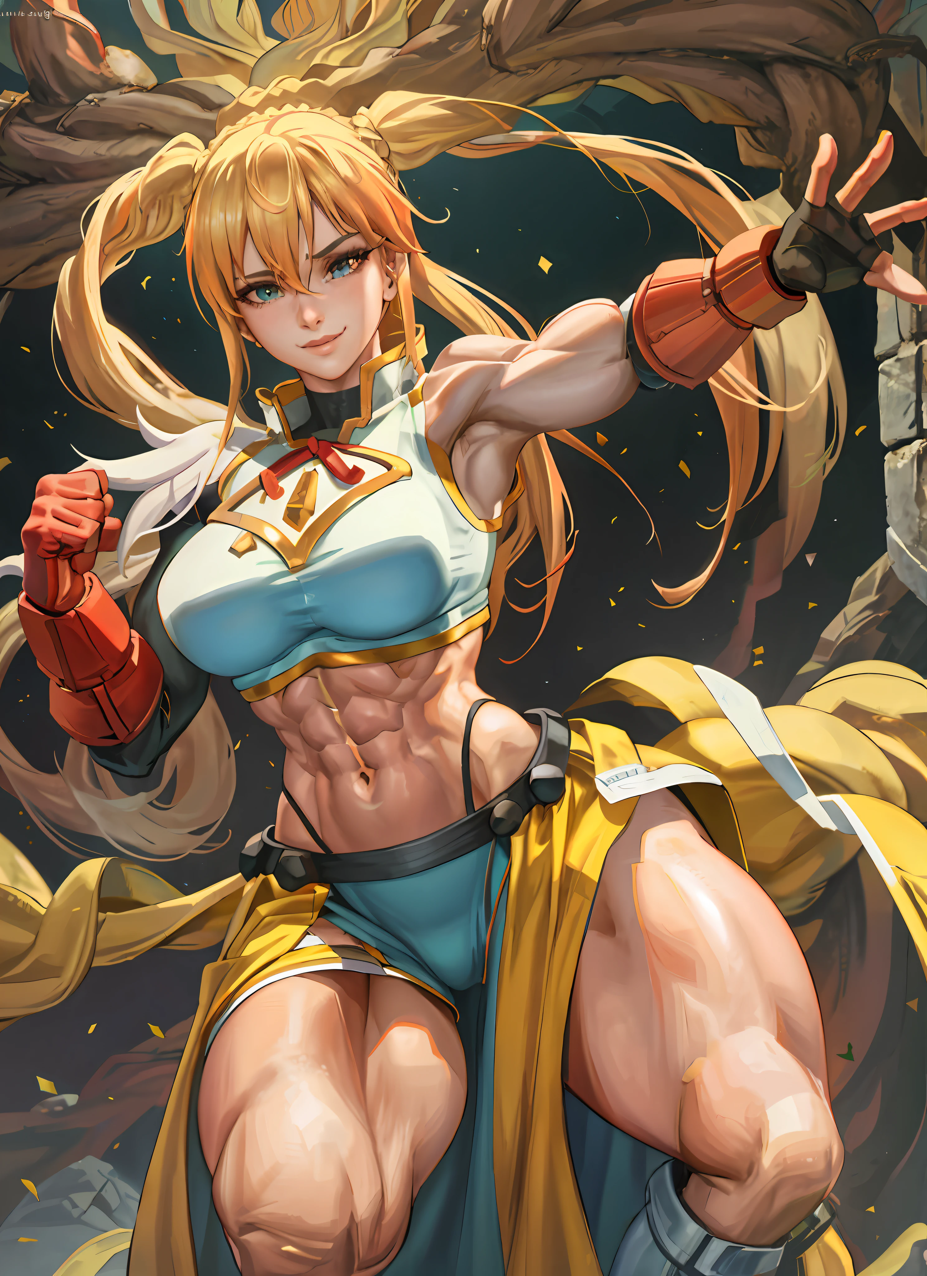 1 girl, beautiful, perfect lighting, muscular, thick thighs, mature woman, milf, navel, abdomen, looking at the viewer (masterpiece, high quality: 1.1), freckles on the body, pale skin, blonde hair, skindentation, neckline, smile, thicc, cutesexyrobutts, cel - shaded art style, in fighter poses, highly detailed exquisite fanart, female protagonist 👀 :8, commission for high resolution, fighter pose, Full body commission for, high quality fanart, various pose, Cushart Kenz, King of Fighters character, Cammy's poses from street fighter