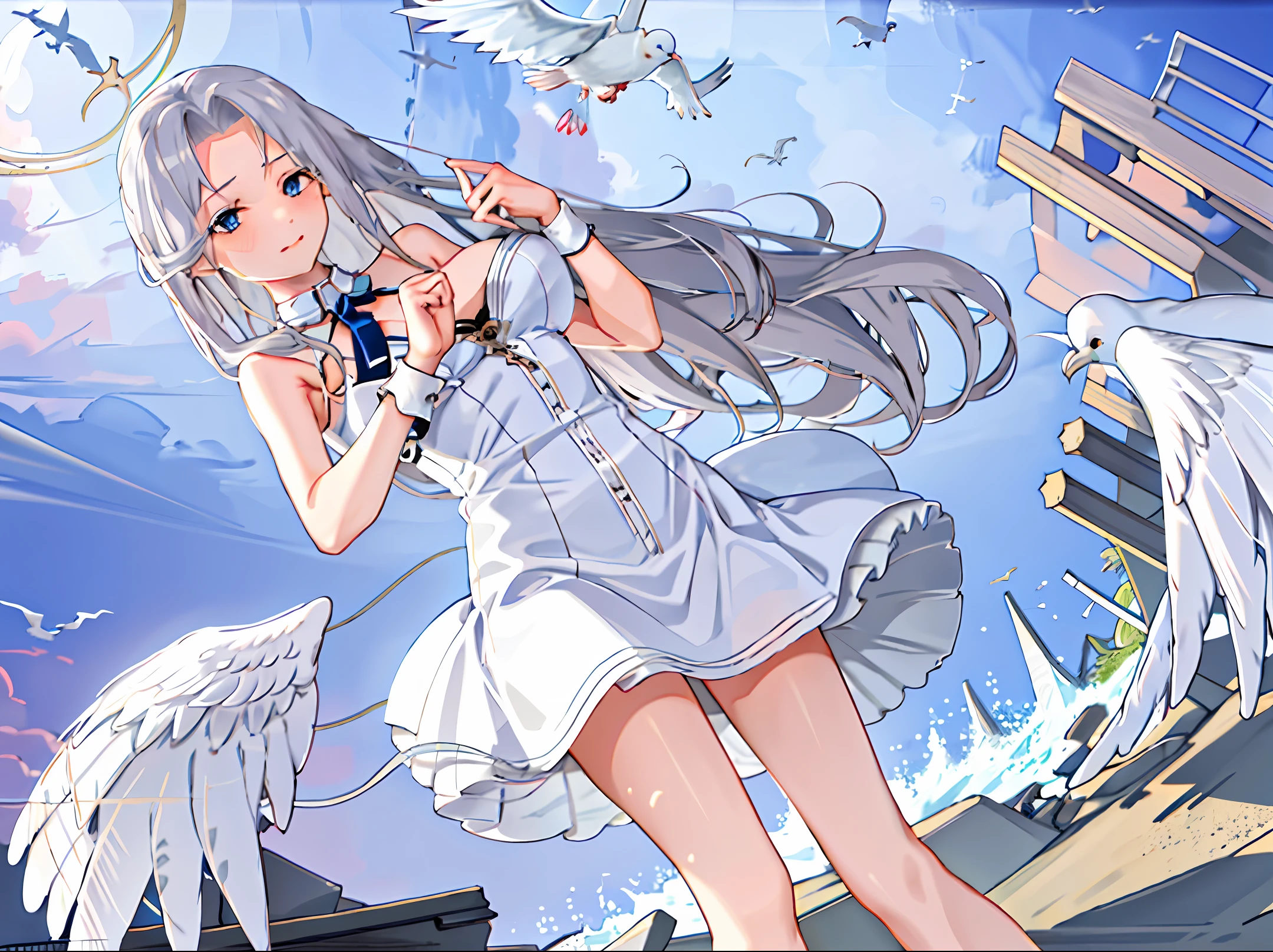 Blue sea,long silver hair,White Short skirt,highQuality,white dove,Girls dance ballet,evening glow,wings,Overhead halo