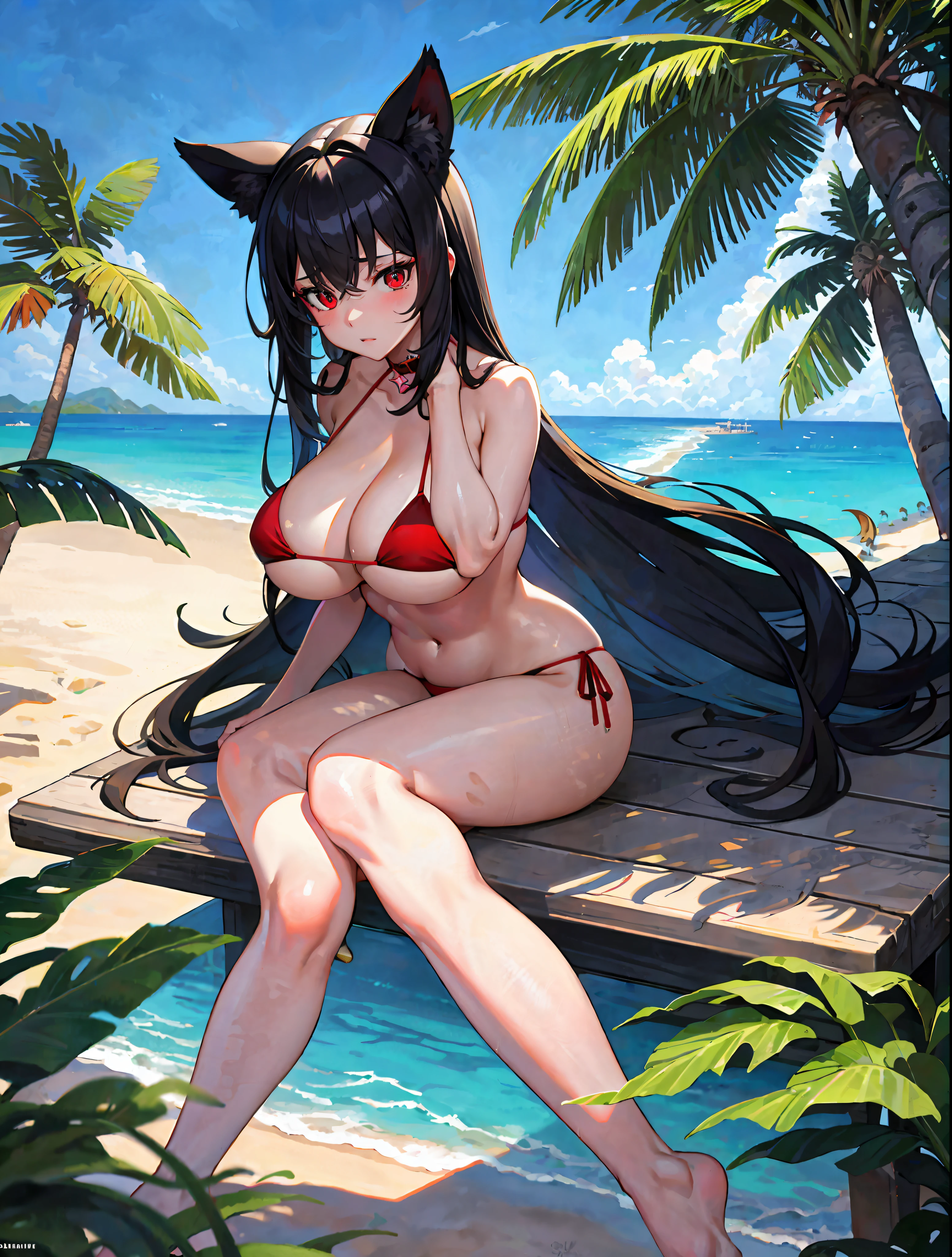 masterpiece, top quality, 1 girl, big breasts, red eyes, long hair, wide hips, bikini, animal ears, beach, black hair, sunny sky, sunlight, water, palm trees, sitting,