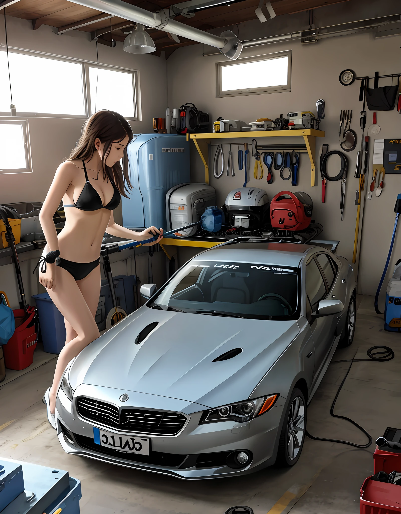 A girl fixing a car in a garage, bikini