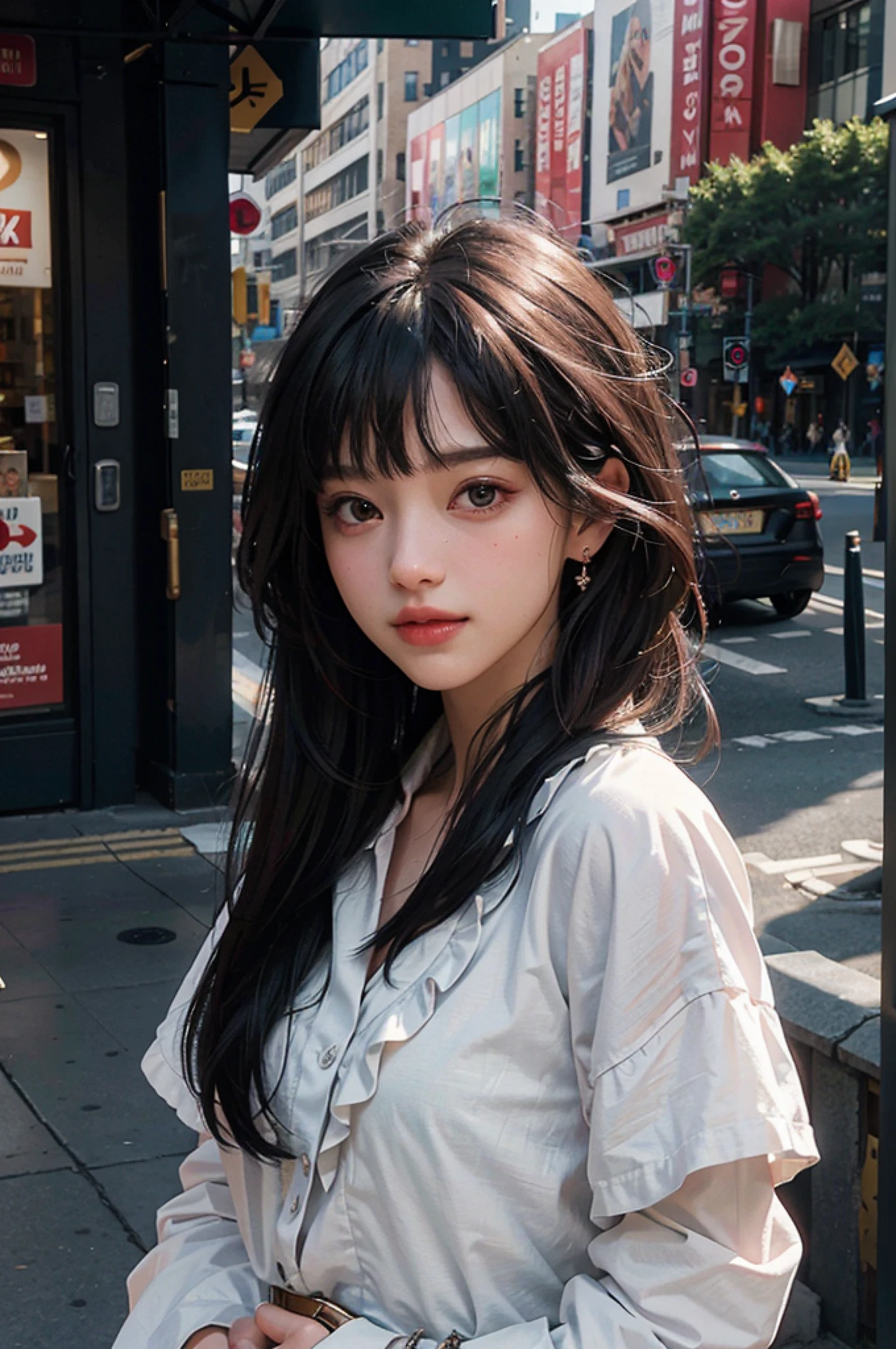 8k,RAW photos,Bestquality,a masterpiece:1.2),ultra detail,ultrahighres, (lifelike,photos-realistic:1.37),High detail RAW color photo,professional photo, A very delicate and beautiful,Very detailed 8k wallpaper,Amazing,Fine details,hugefilesize,offical art,Extremely detailed CG Unity 8k wallpaper, extremely detailed beautiful girl,Extremely detailed face,extremely detailed eyes,extremely detailed skin,extremely detailed fingers,extremely detailed nose,Extremely delicate mouth,perfect antomy,Extremely detailed background,Extremely complex background,extremely detailed clothing,1girle,Medium Breast,star eye,blush, cute girl, Realistic body, Fair skin,Skin is shiny,Slim figure,Good figure, dark hair,long straight hair,(blunt bangs:1.2), smile,、,、,, cuteg, young, lovely face, Nice face, Realistic face, small face, Beautiful Detailed Eyes,(frill blouse:1.2),Earring, look at the viewer,(Cowboy lens:1.2),Front View,standing pose,opposition, out door, (Daytime:1.2), cityscape, depth, New York, the street, Professional Lighting,