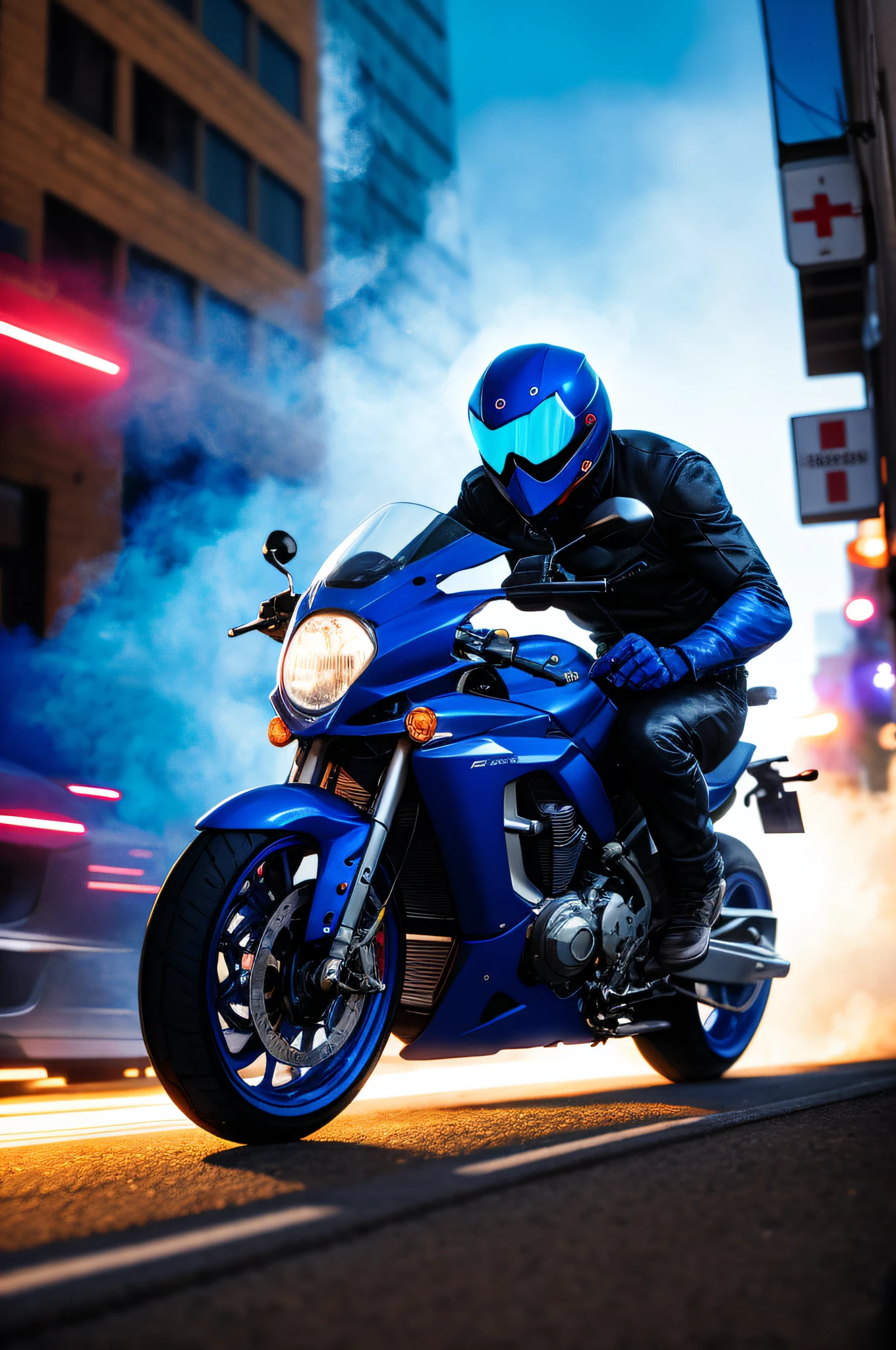 / Imagination Tip: [Illustration] Comic page, there are several panels on one page: in the smoke-filled city (Vista), several male and female racers riding motorcycles, racing frantically in alleys, tires rubbing ground sparks, smoke and dust (GoPro, f/2.8, motion blur, long exposure, diffuse backlight). [Multi-angle, continuous shooting] in the style of Steve Ditko, cobalt blue and reflective silver, film P30, asymmetrical composition