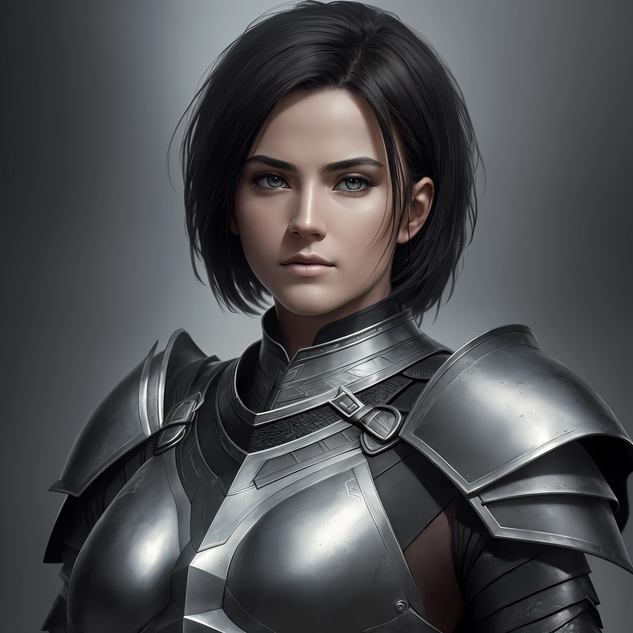 best quality, masterpiece, highres, black detailed armor, graphite black, geirreiro, christian warrior, joan of arc, mature woman with short black hair, thin, black eyes, beautiful face, serious face, a little muscular, androgynous conceptual art style, photorealistic, atmospheric perspective, hybrid, open sky, edge lighting, two-tone lighting, (high detailed skin: 1.2), 8k uhd, dslr, soft lighting, high quality, volumetric lighting, candid, photography, high resolution, 4k, 8k, full body