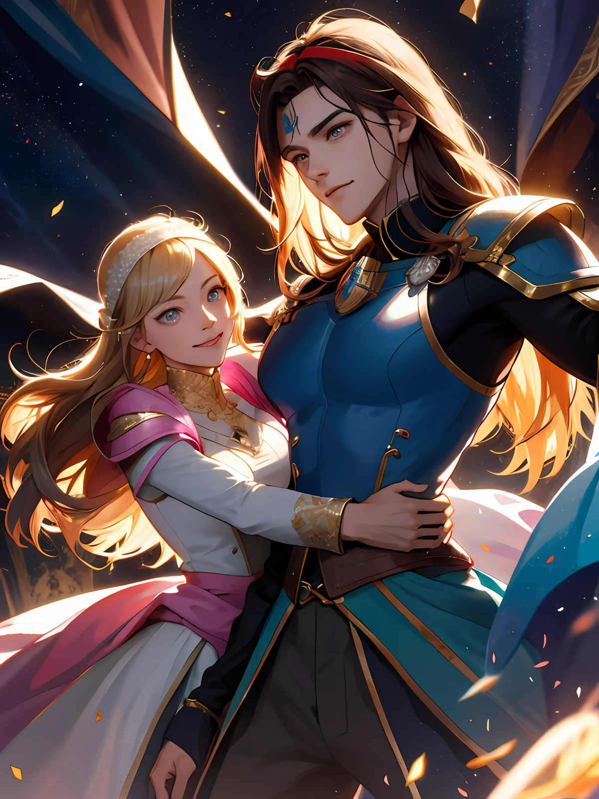 Three people, a handsome man in a medieval battle suit, brown hair, jacket armor, unleashing magic, fighting state, serious, two beautiful women in the back in beautiful medieval battle suit with big breasts, skirt underneath, blonde hair, smile, curtain hair, hair behind the ear, long hair, ribbon, pink headband, colored contact lenses, light blush, sparkling and gorgeous magic background, anime, anime style, movie lighting, UHD, textured skin, 8k