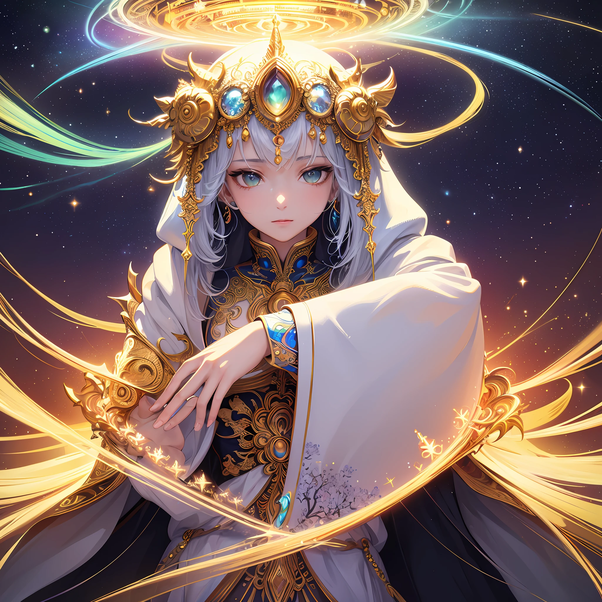 (masterpiece, top quality, best quality, official art, beautiful and aesthetic:1.2), (1girl), extreme detailed, (fractal art:1.3), colorful, highest detailed, perfect face, upper body, HDR, (praying:1.3), (white cloak golden lines:1.2), galaxy, (light streaks), striking visuals, (dynamic streaks, luminous trails:1.2), vibrant colors,