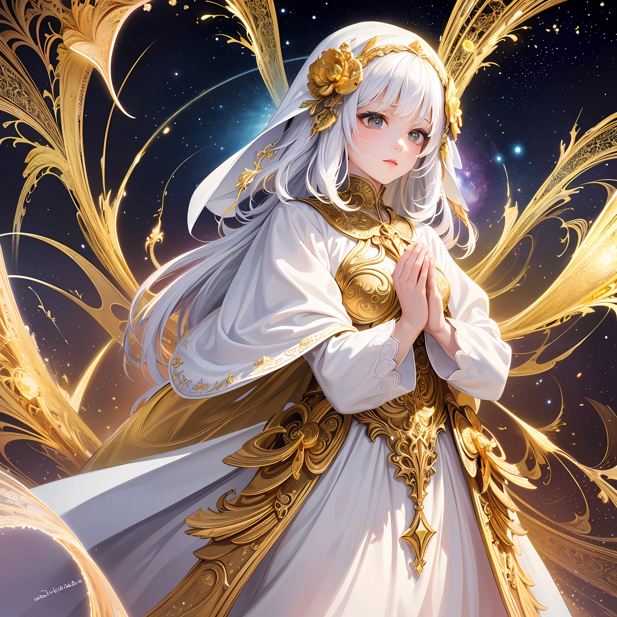 (masterpiece, top quality, best quality, official art, beautiful and aesthetic:1.2), (1girl), extreme detailed, (fractal art:1.3), colorful, highest detailed, perfect face, upper body, HDR, (praying:1.3), (white cloak golden lines:1.2), galaxy, (light streaks), striking visuals, (dynamic streaks, luminous trails:1.2), vibrant colors,