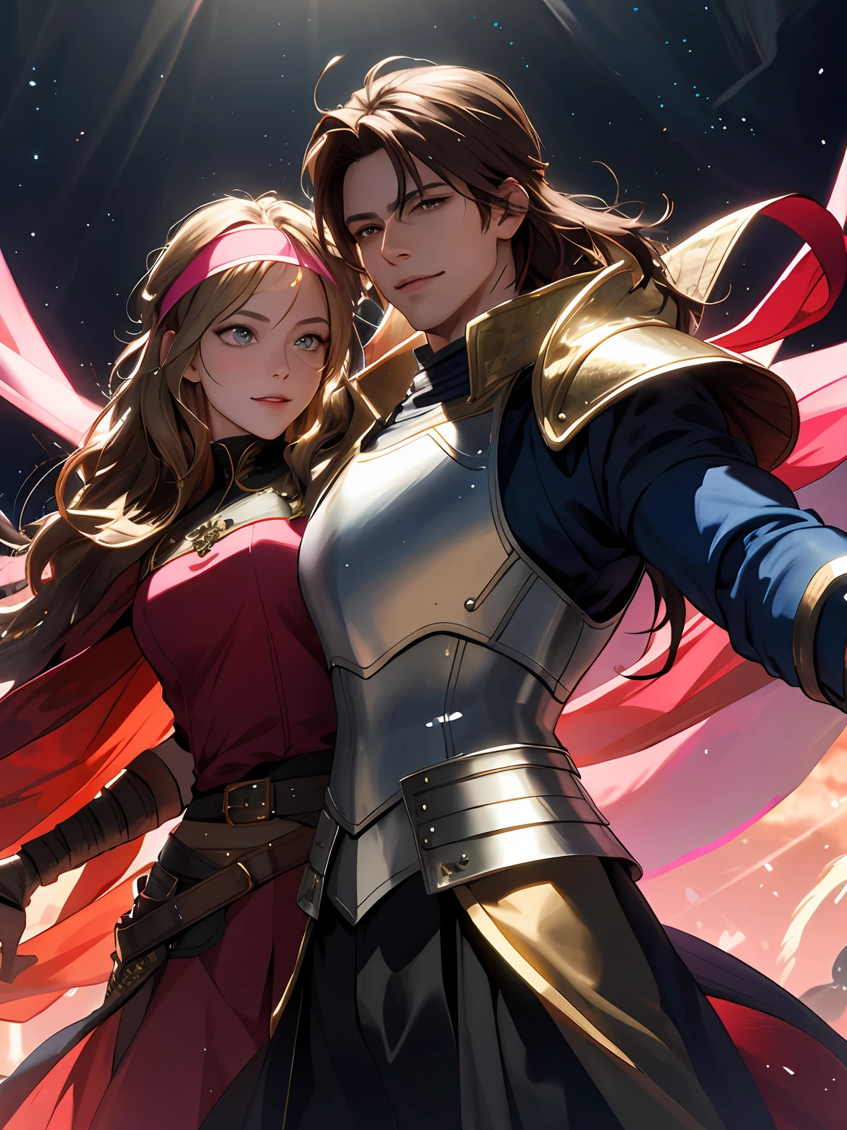 Three people, a handsome man in a medieval battle suit, brown hair, jacket armor, unleashing magic, fighting state, serious, two beautiful women in the back in beautiful medieval battle suit with big breasts, skirt underneath, blonde hair, smile, curtain hair, hair behind the ear, long hair, ribbon, pink headband, colored contact lenses, light blush, sparkling and gorgeous magic background, anime, anime style, movie lighting, UHD, textured skin, 8k