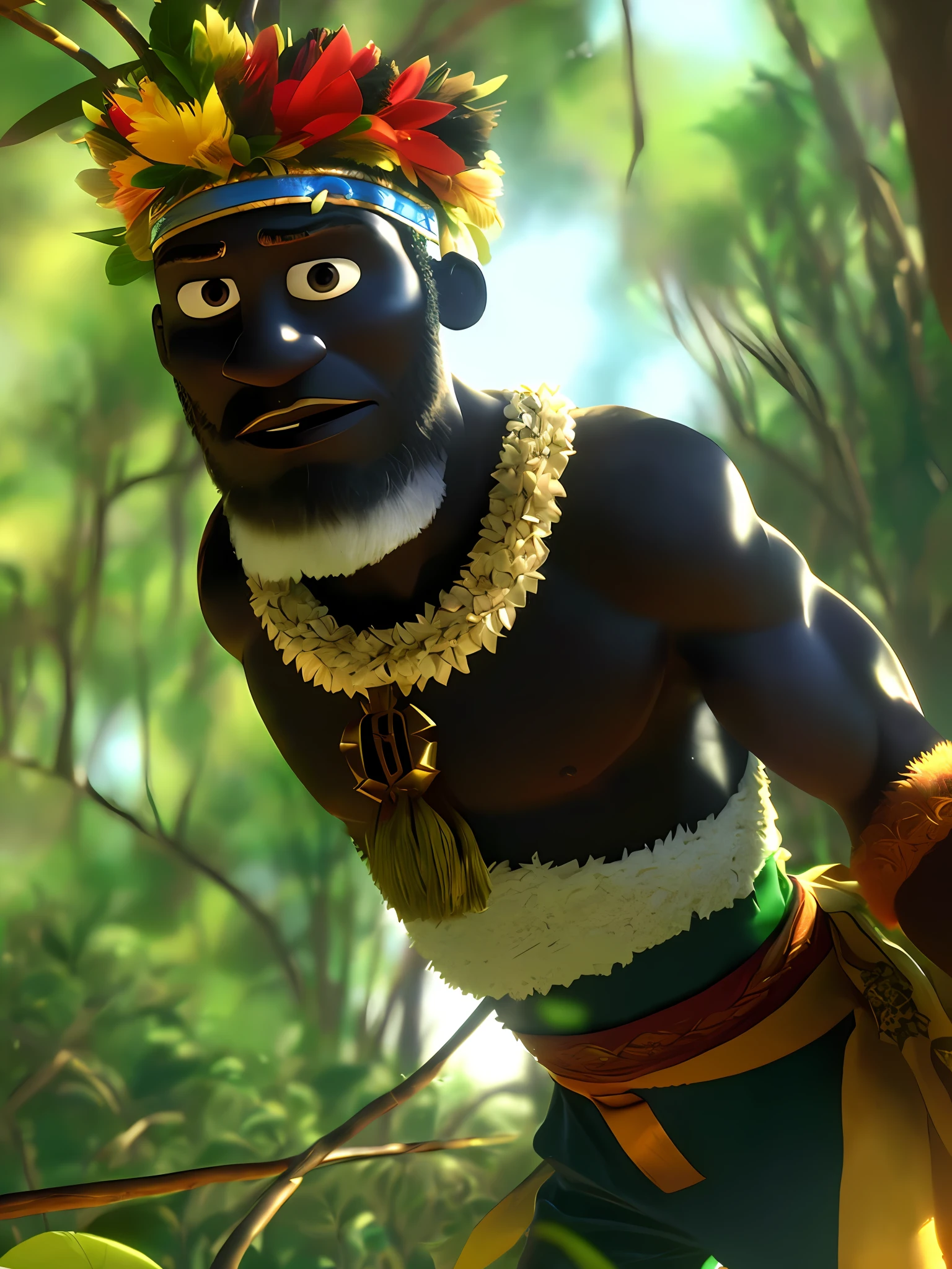 (1 homem ?????, forte, musculoso, sem camiseta) em uma floresta, with bow in hand and a feathered headdress on his head (estilo pixar) (melhor qualidade) (pele detalhada) (textura detalhada) (mulher pelada 8k) (cinematic lighting) (sharp focus)