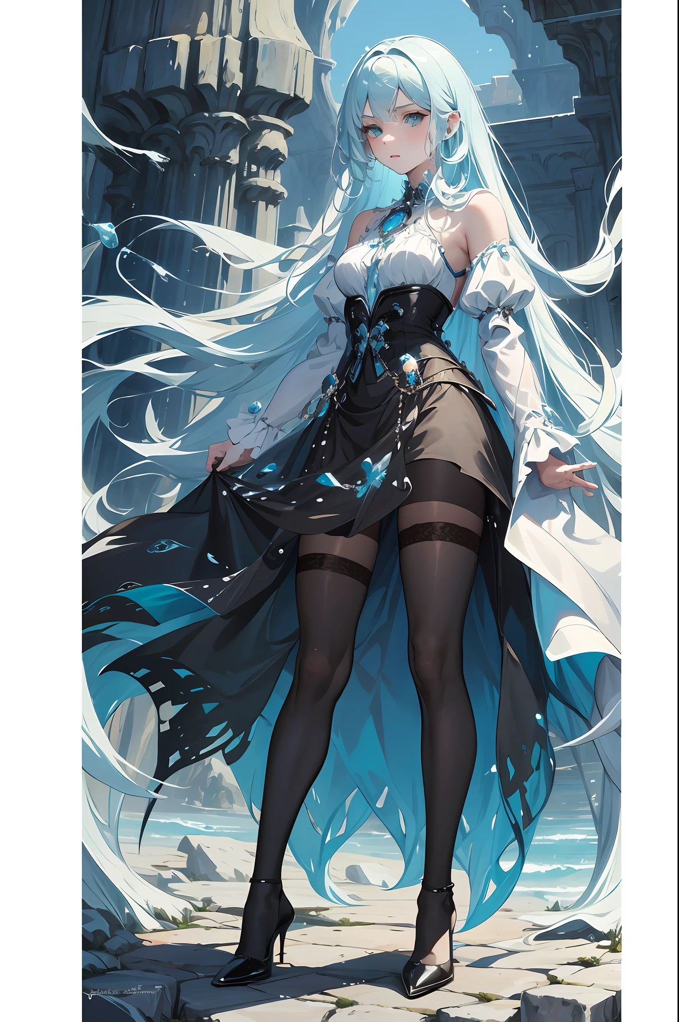 (a masterpiece,Top Quality,Bestquality,offical art,Beauty and aesthetics:1.2),(1 girl:1.3 pcs),(fractal art:1.3 pcs),Vibrant aqua blue eyes, Medium hair with tassels,s whole body,Black stockings,heeled shoes