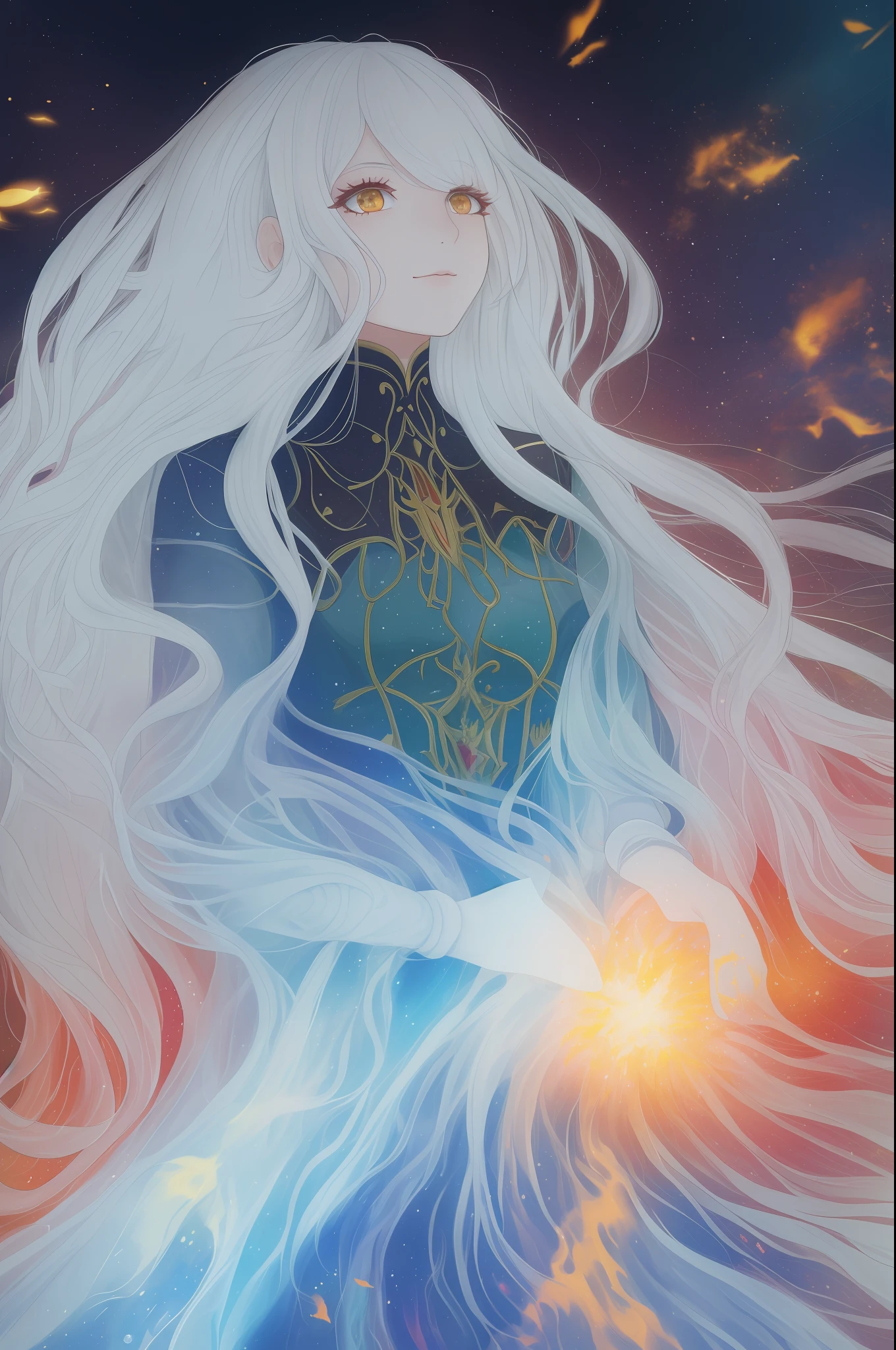 obra-prima, melhor qualidade, hair is turning into fire, hair is on fire, Fantasia, (raio de luz: 1.05), orange light particles, scenery, fogo, Beautiful and detailed explosion, brilho detalhado bonito, Chamas queimando ao redor, Chamas queimando ao redor, Penas de fogo, queimando, (floresta em chamas: 1.34), (bare trees: 1.05), cinzas, (sol vermelho: 1.05), (chama girando em torno do personagem: 1.1), solo, crazy_smile, (detalhado: 1.05), high resolution illustration, pele lustrosa, colorida, (ultra-detalhada:1.1), (illustration:1.05), (detalhada luz:1.05), (extremamente delicada e bonita:1.1), linda garota detalhada, profundidade de campo, white_long_hair, orange_eyes, eyelashes, dark eyelashes, delineador, olhos brilhantes suaves, orgulho, desprezo,