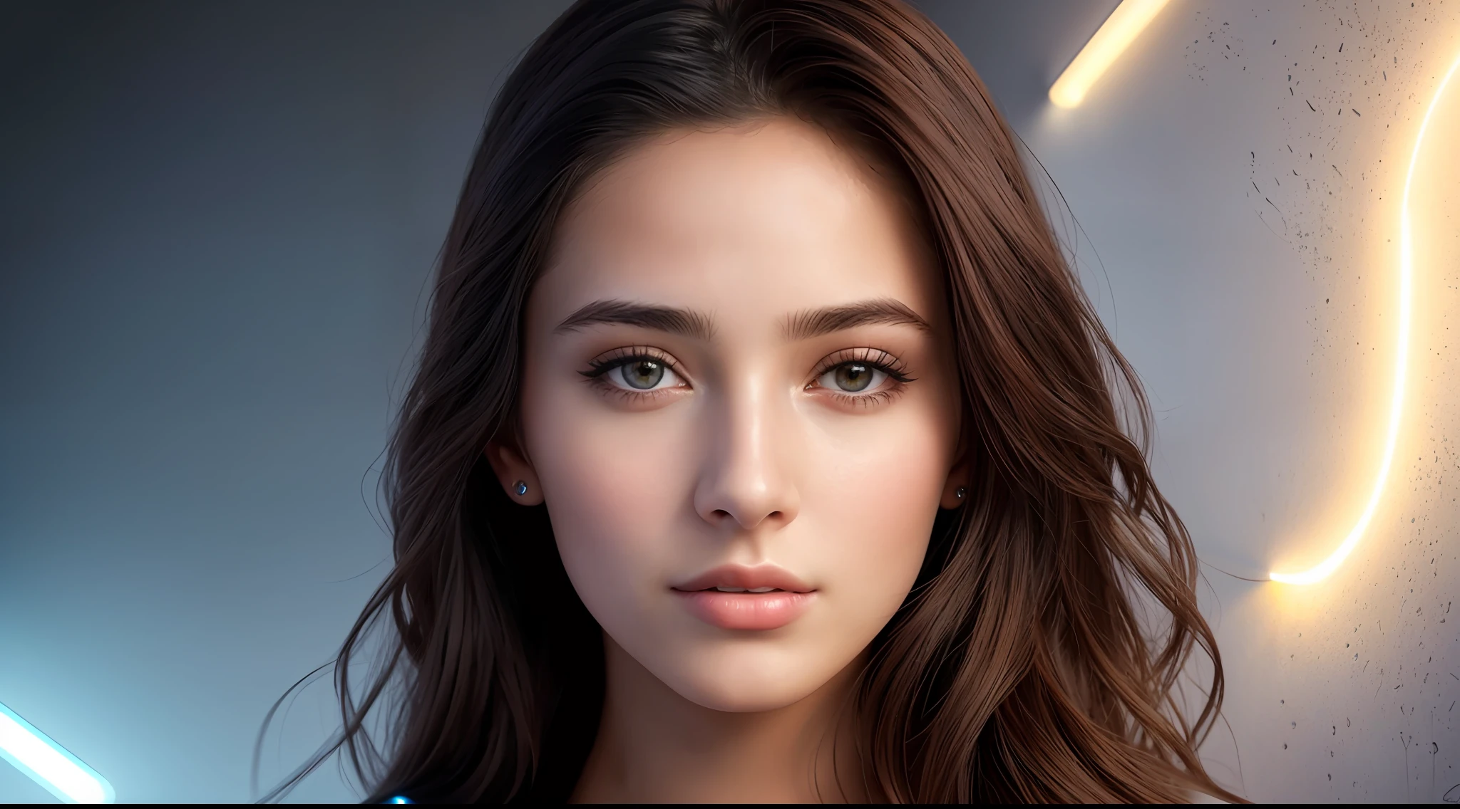 color portrait photography, ((a realistic portrait photo of a beautiful 21 year old girl)), (SterreKV2:0.99), (one side up:1.4), light, ((glowing skin)), looking_at_viewer, (fit body :1.0), detailed illustration, masterpiece, high quality, realistic, very detailed face, futuristic clothes, futuristic environment